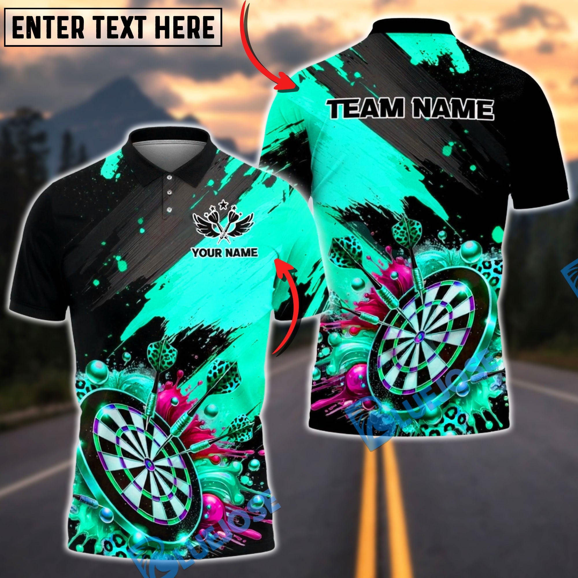 BlueJose Darts Splash Art Dartboard Multicolor Options Personalized Name Shirt (4 Colors)