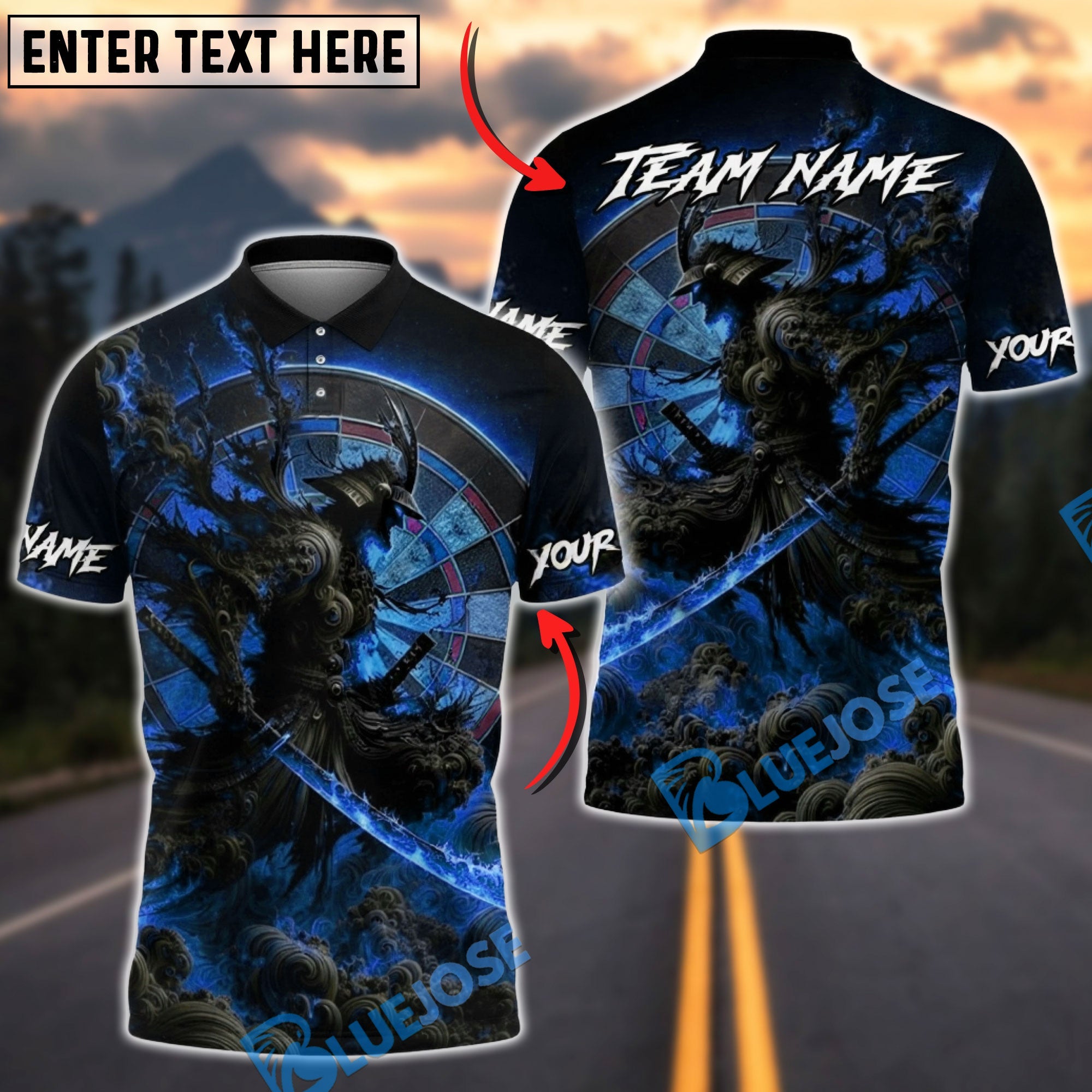 BlueJose Darts Dark Flame Samurai Warrior Dartboard Multicolor Options Personalized Name Shirt (4 Colors)