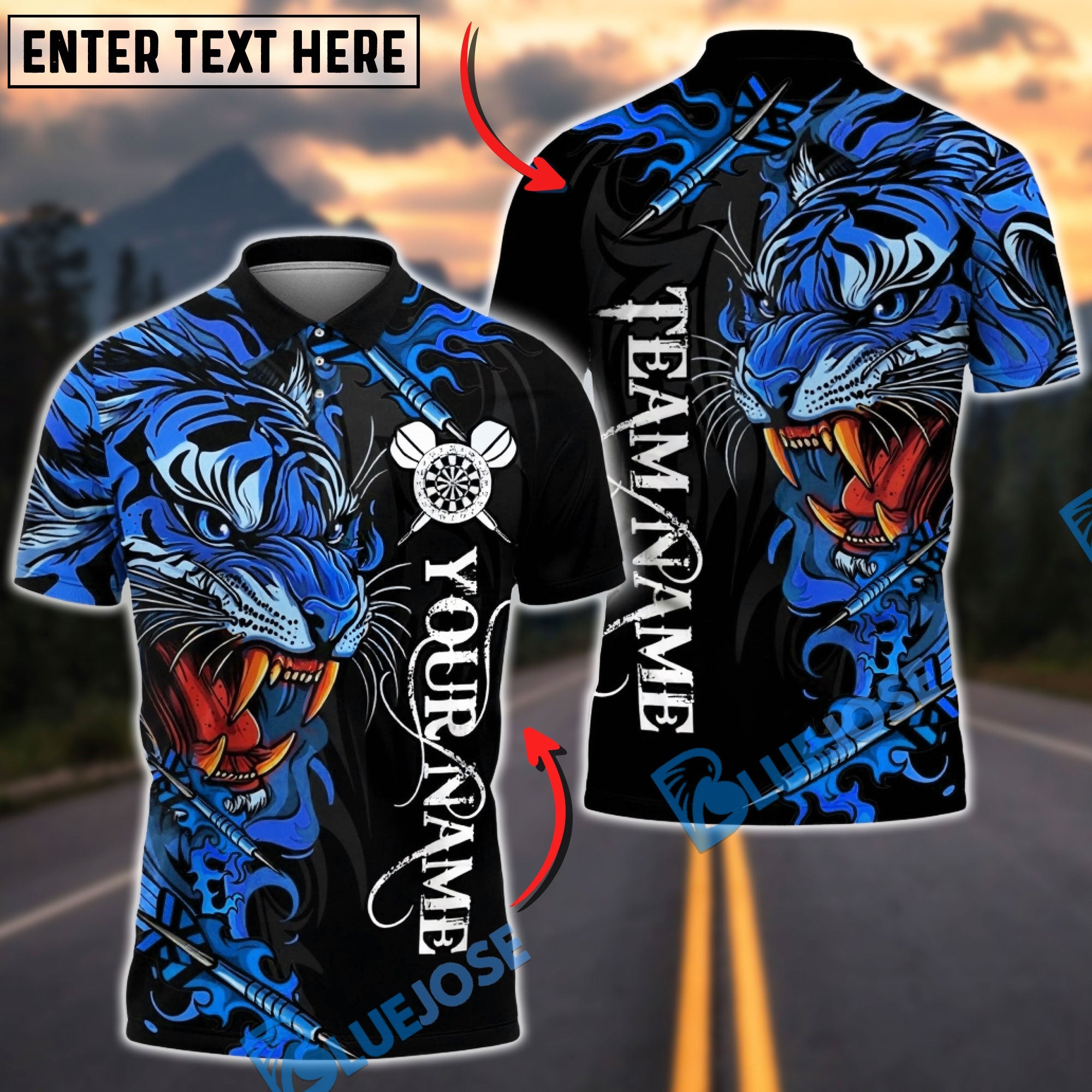 BlueJose Darts Power Tiger Multicolor Options Personalized Name Shirt (5 Colors)