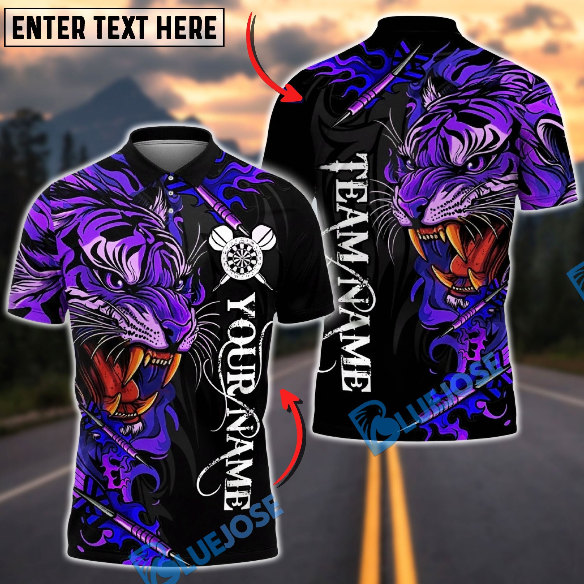 BlueJose Darts Power Tiger Multicolor Options Personalized Name Shirt (5 Colors)