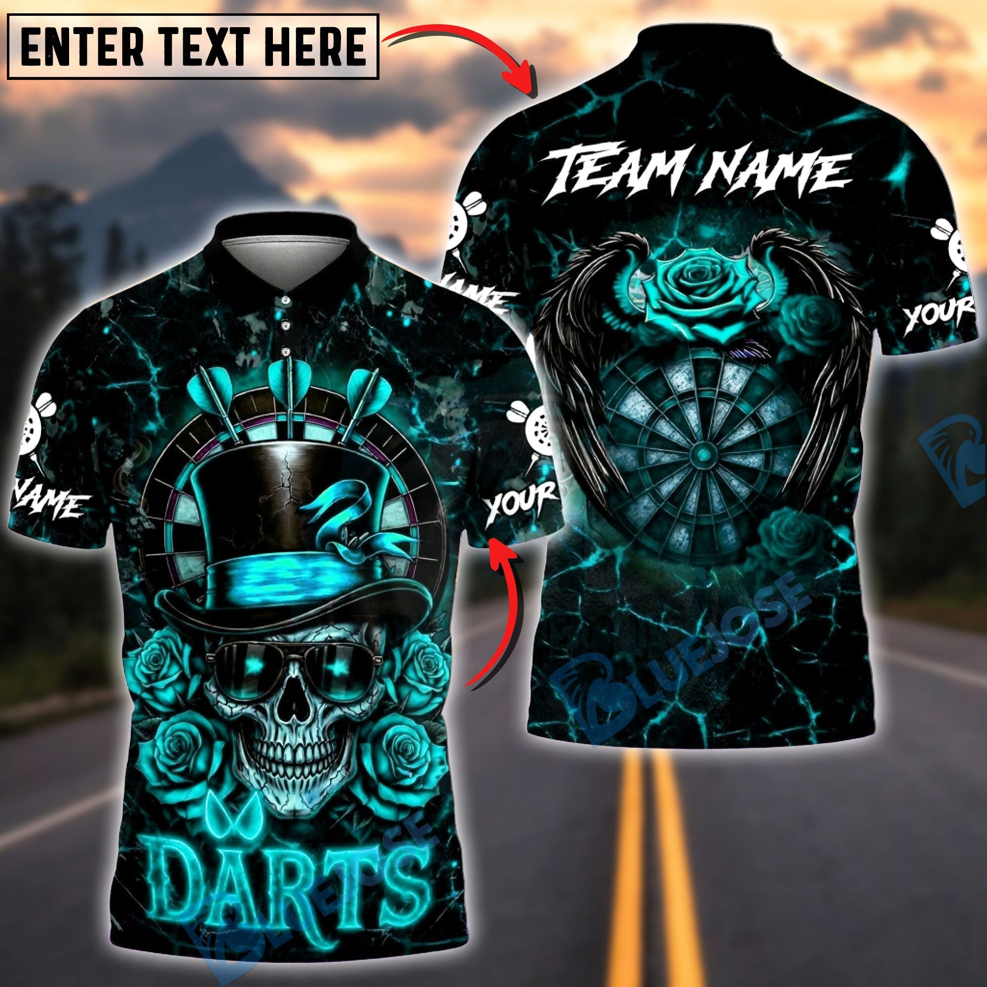 BlueJose Darts Skull Top Hat Roses Gothic Style Multicolor Options Personalized Name Shirt (4 Colors)