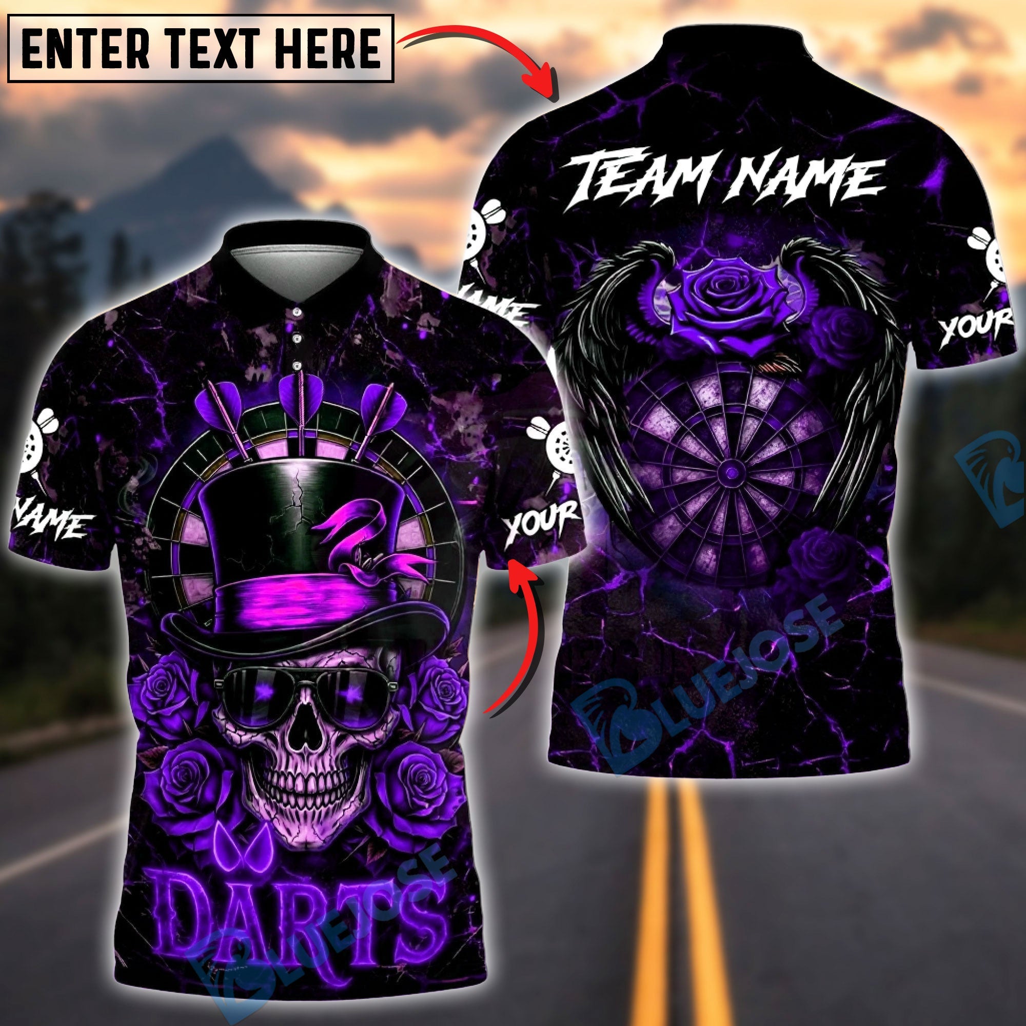 BlueJose Darts Skull Top Hat Roses Gothic Style Multicolor Options Personalized Name Shirt (4 Colors)