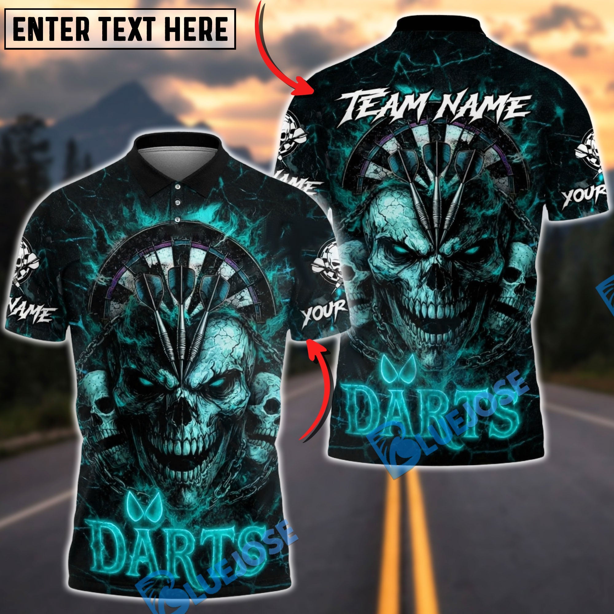 BlueJose Darts Fire Skull Dartboard Three Arrows Multicolor Options Personalized Name Shirt (4 Colors)