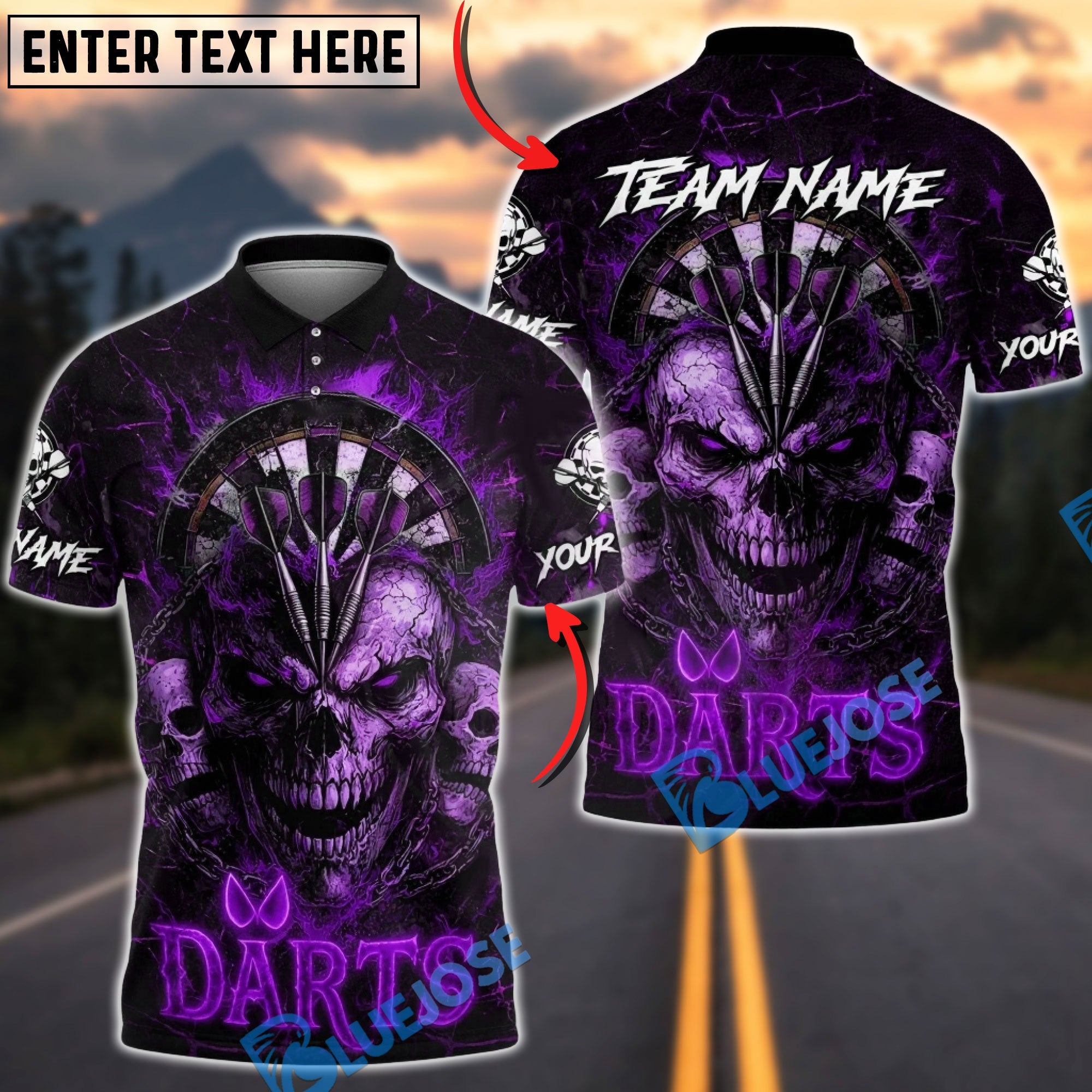 BlueJose Darts Fire Skull Dartboard Three Arrows Multicolor Options Personalized Name Shirt (4 Colors)