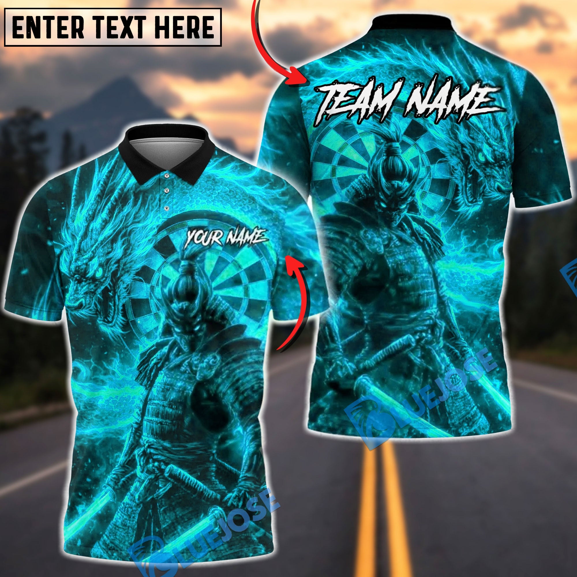 BlueJose Darts Fire Dragon Samurai Dartboard Fantasy Multicolor Options Personalized Name Shirt (4 Colors)