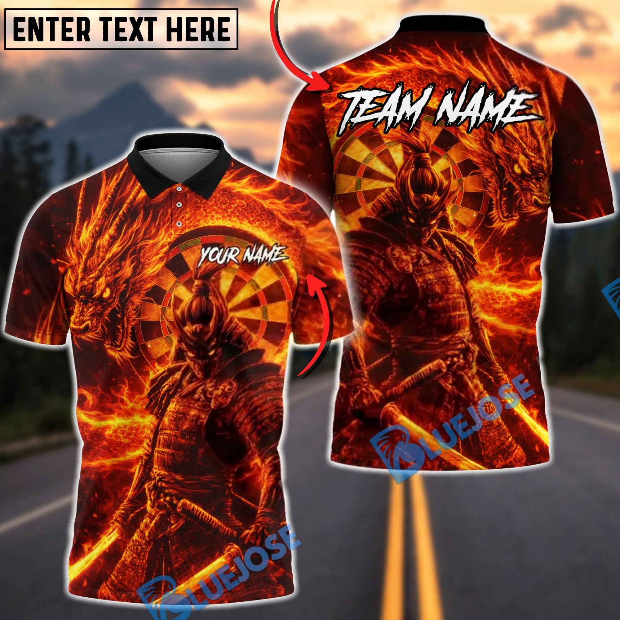 BlueJose Darts Fire Dragon Samurai Dartboard Fantasy Multicolor Options Personalized Name Shirt (4 Colors)