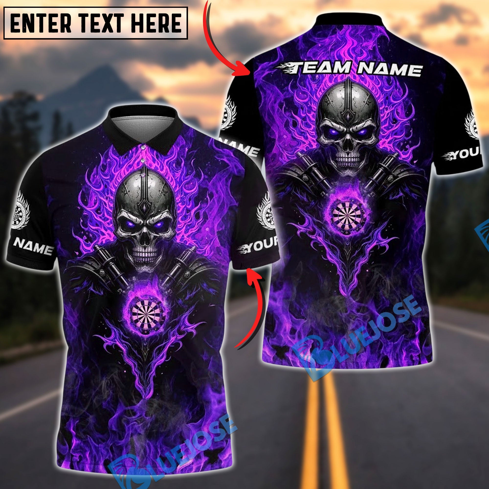 BlueJose Darts Flaming Metal Skull Multicolor Options Personalized Name Shirt (4 Colors)