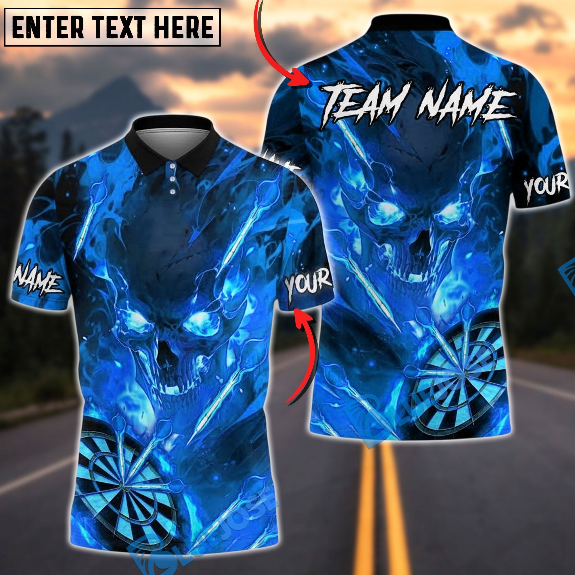 BlueJose Darts Flaming Skull Fire Board Personalized Name, Team Name Unisex Shirt (4 Colors)