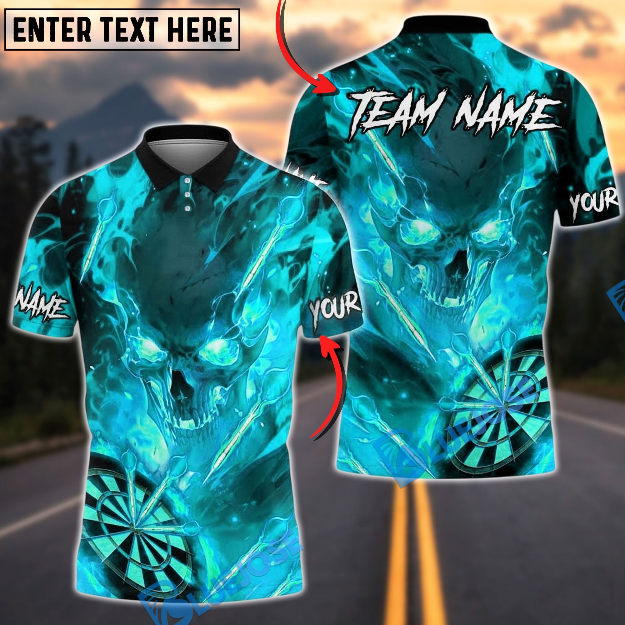 BlueJose Darts Flaming Skull Fire Board Personalized Name, Team Name Unisex Shirt (4 Colors)