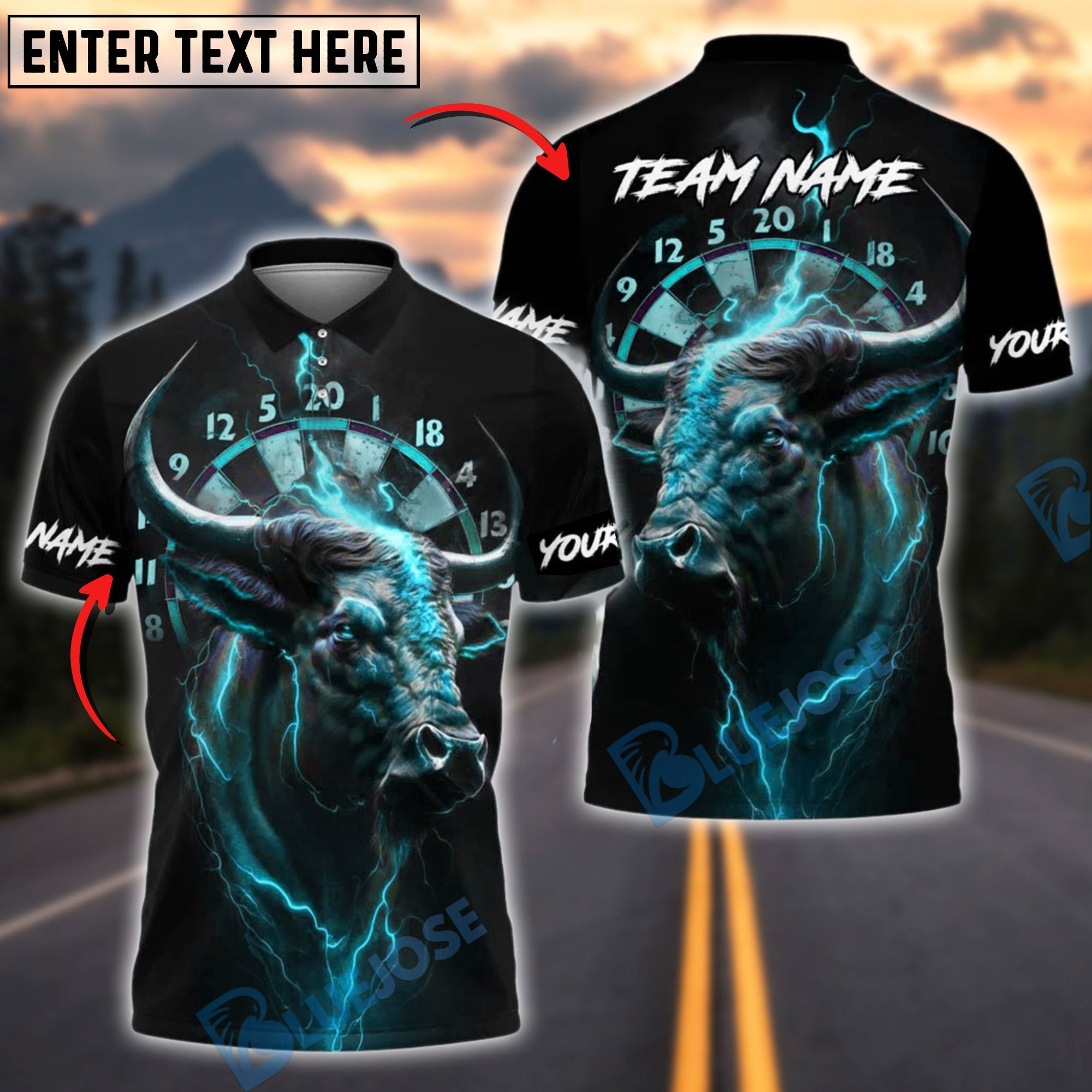 BlueJose Darts Bull Thunder Lightning Customized Name, Team Name 3D Shirt (4 Colors)