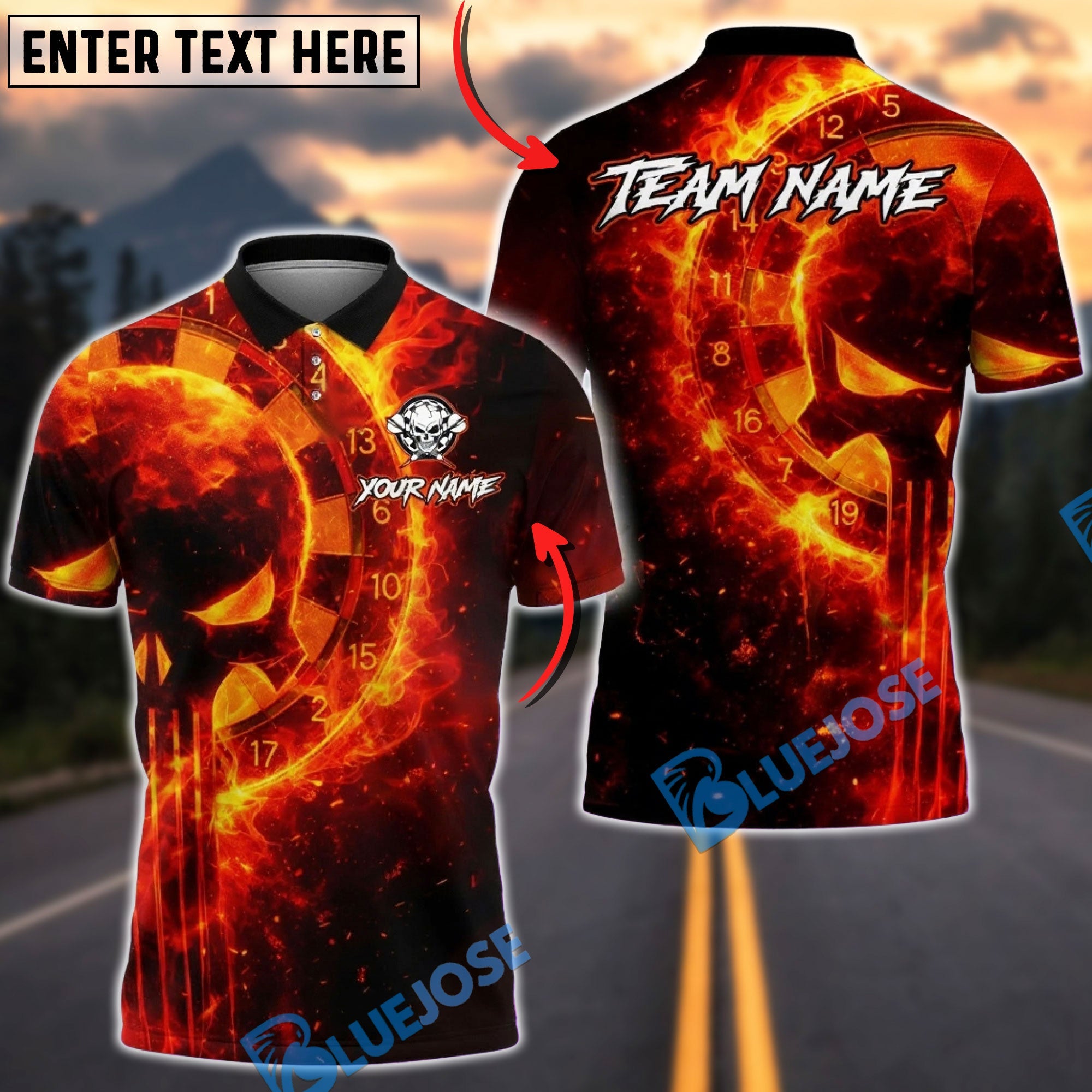 BlueJose Darts Flaming Punisher Skull Dartboard Multicolor Options Personalized Name Shirt (4 Colors)