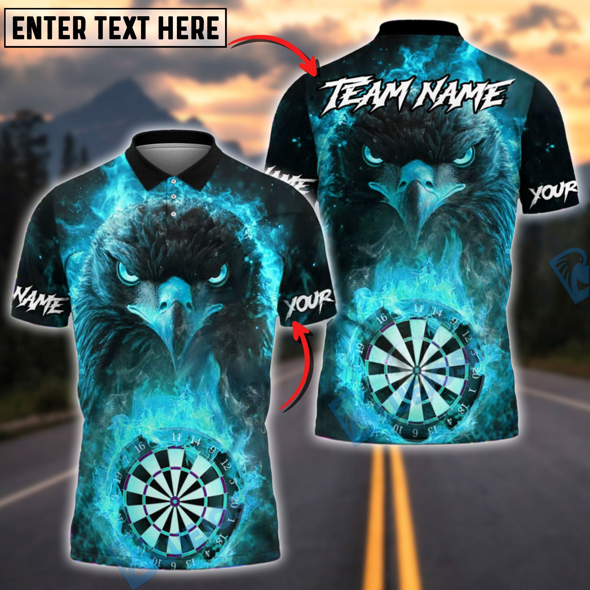 BlueJose Darts Fiery Eagle Dartboard Customized Name, Team Name 3D Shirt (4 Colors)