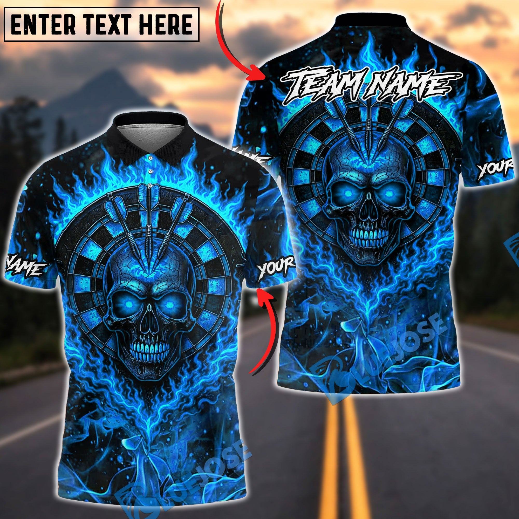 BlueJose Darts Flaming Skull Target Design Multicolor Options Personalized Name Shirt (4 Colors)