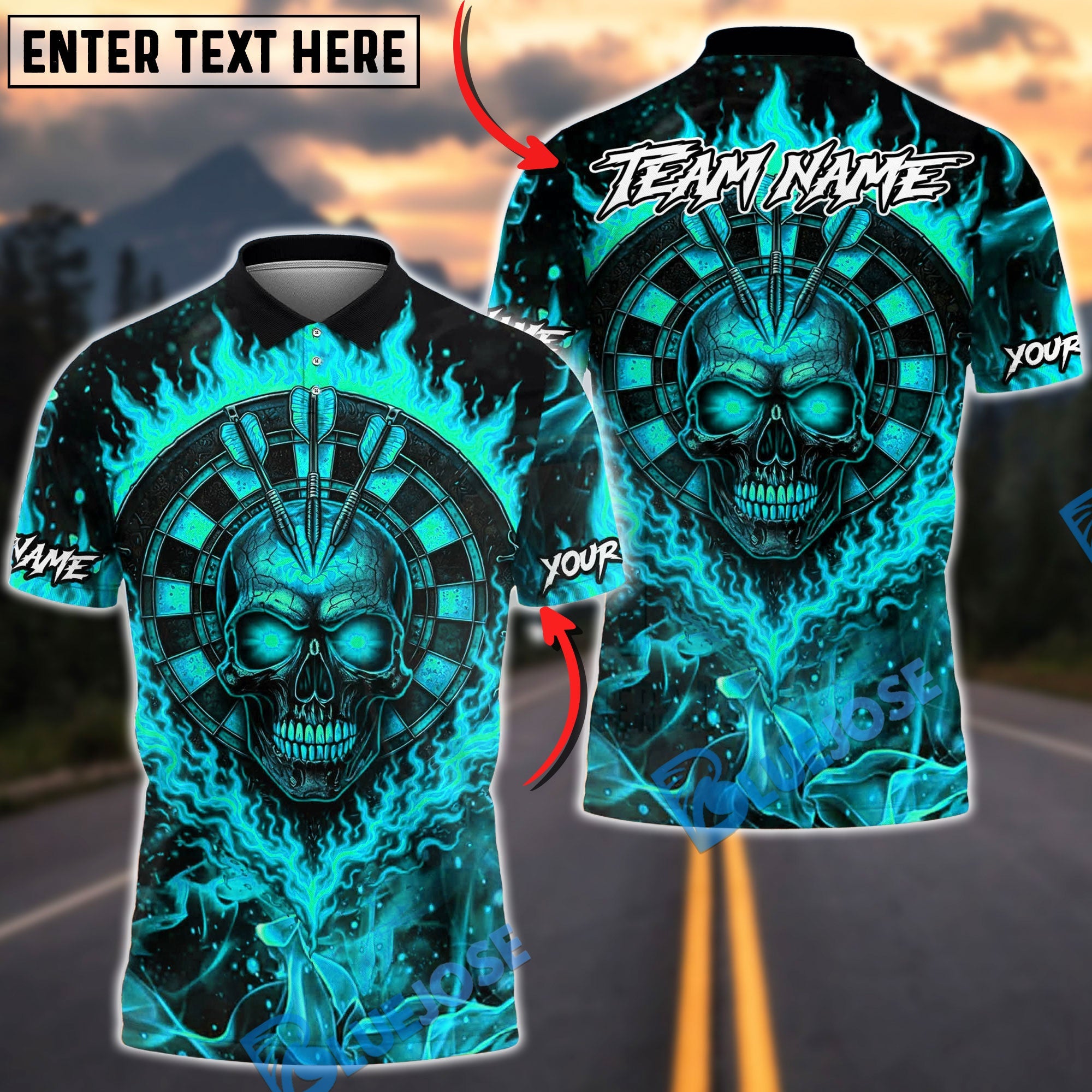 BlueJose Darts Flaming Skull Target Design Multicolor Options Personalized Name Shirt (4 Colors)