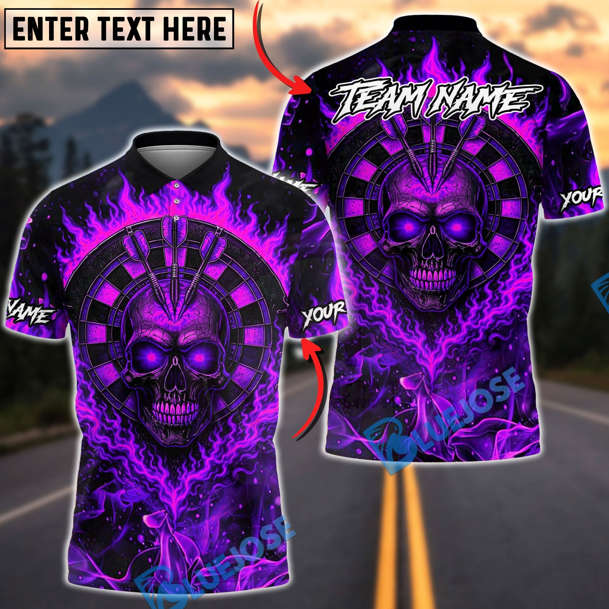 BlueJose Darts Flaming Skull Target Design Multicolor Options Personalized Name Shirt (4 Colors)