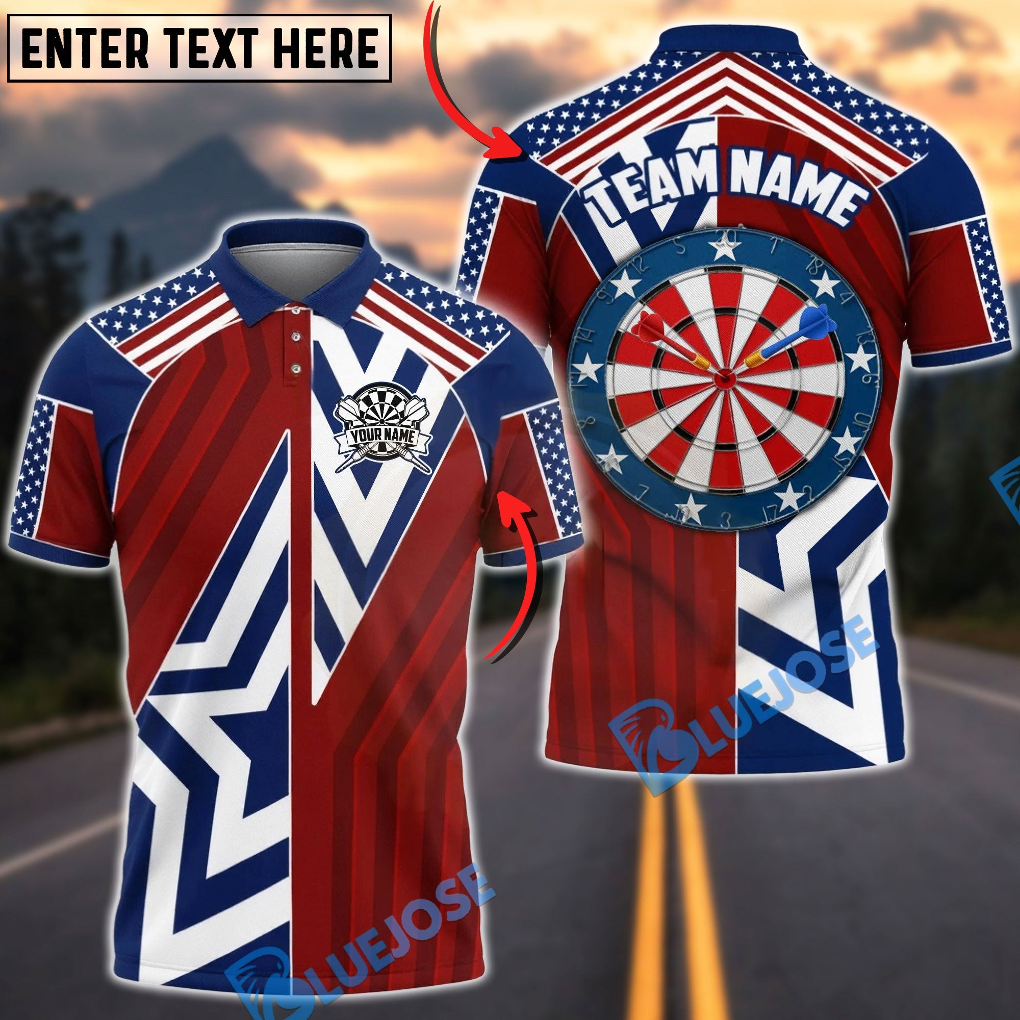 BlueJose Darts USA Flag Striped And Star Dartboard Design Personalized Name Shirt