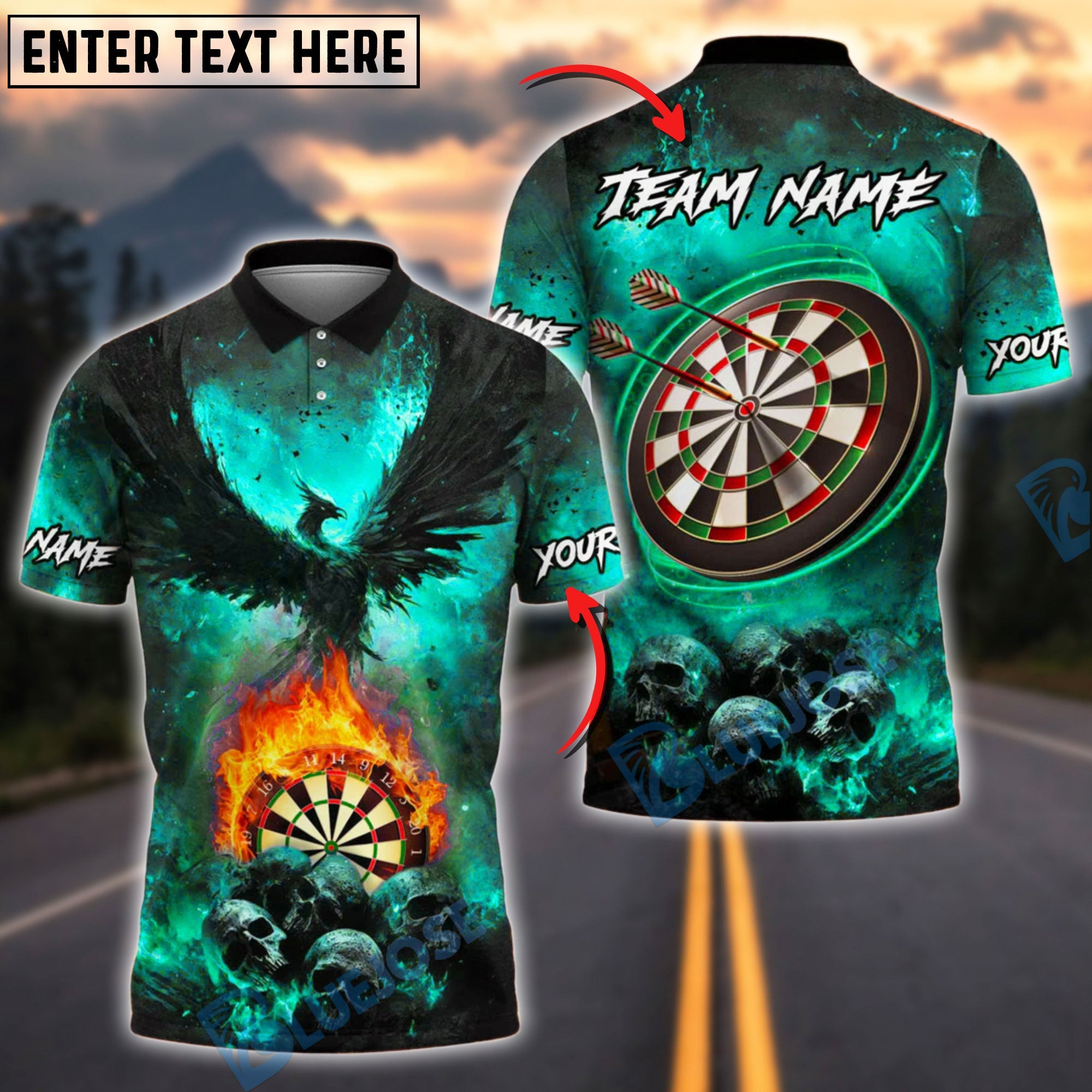BlueJose Darts Phoenix Flame Customized Name, Team Name 3D Shirt (4 Colors)