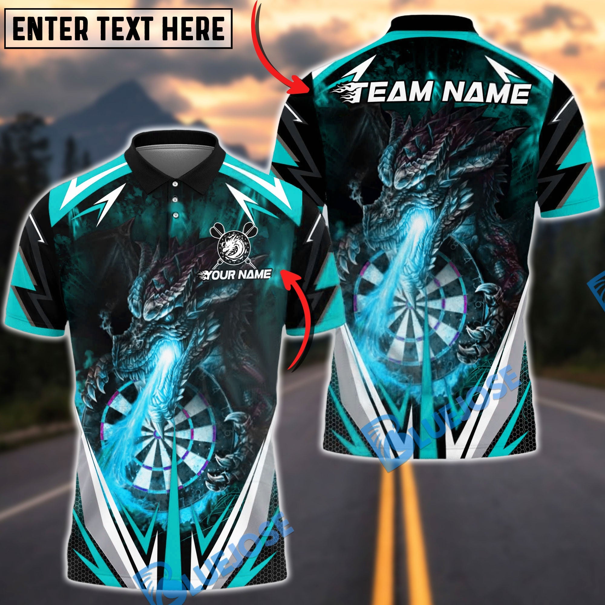 BlueJose Darts Firebreath Dragon Multicolor Options Personalized Name Shirt (4 Colors)