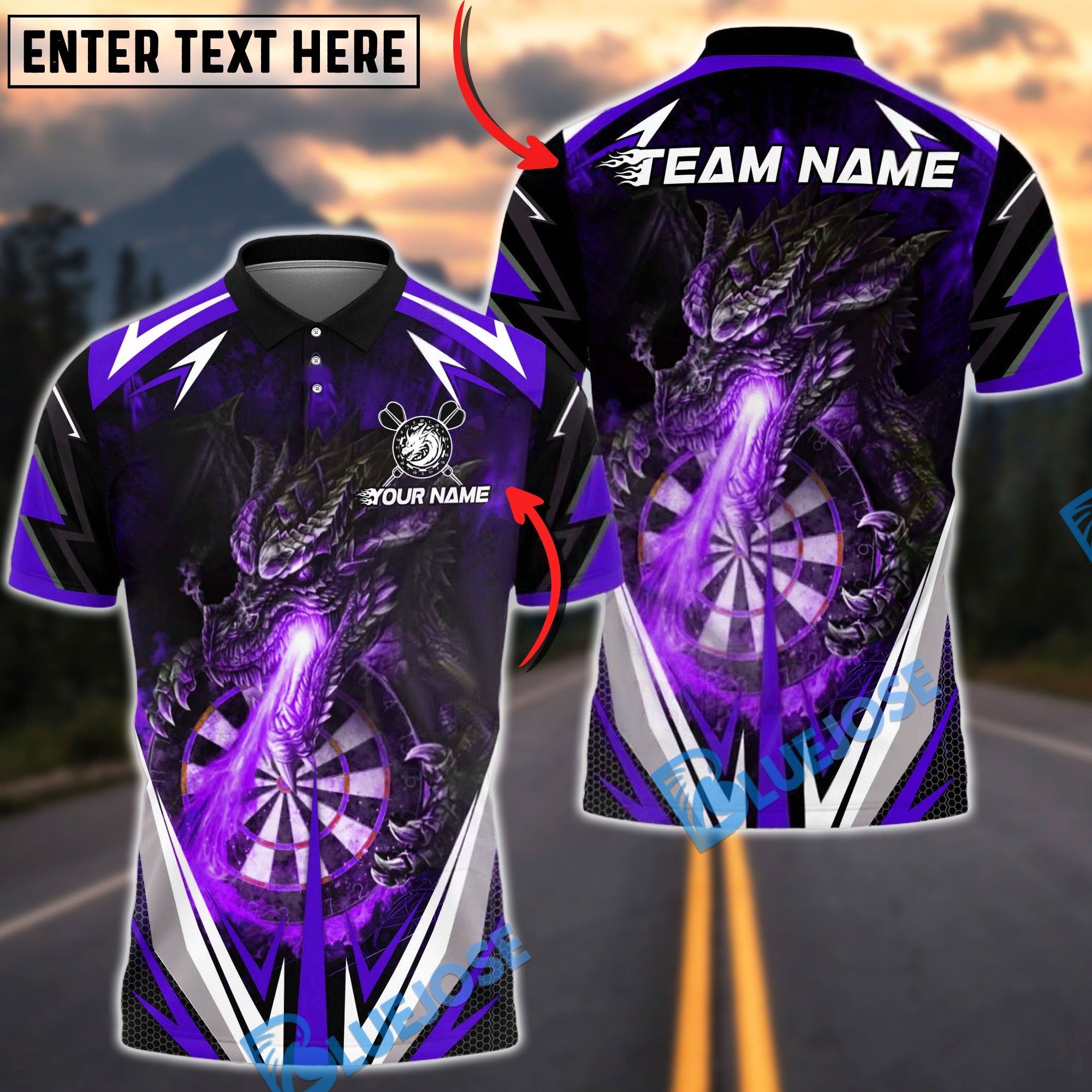BlueJose Darts Firebreath Dragon Multicolor Options Personalized Name Shirt (4 Colors)