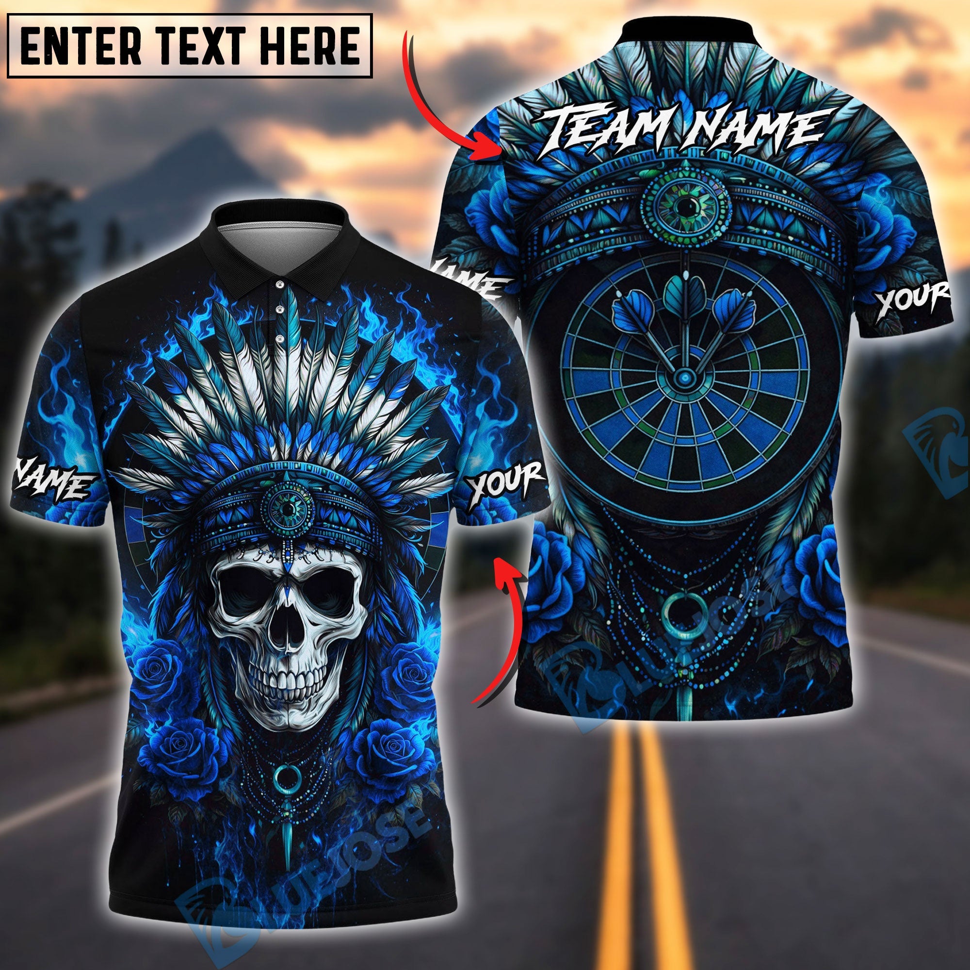 BlueJose Darts Chief Skull Feather Headdress Fire Dartboard Multicolor Options Personalized Name Shirt (4 Colors)