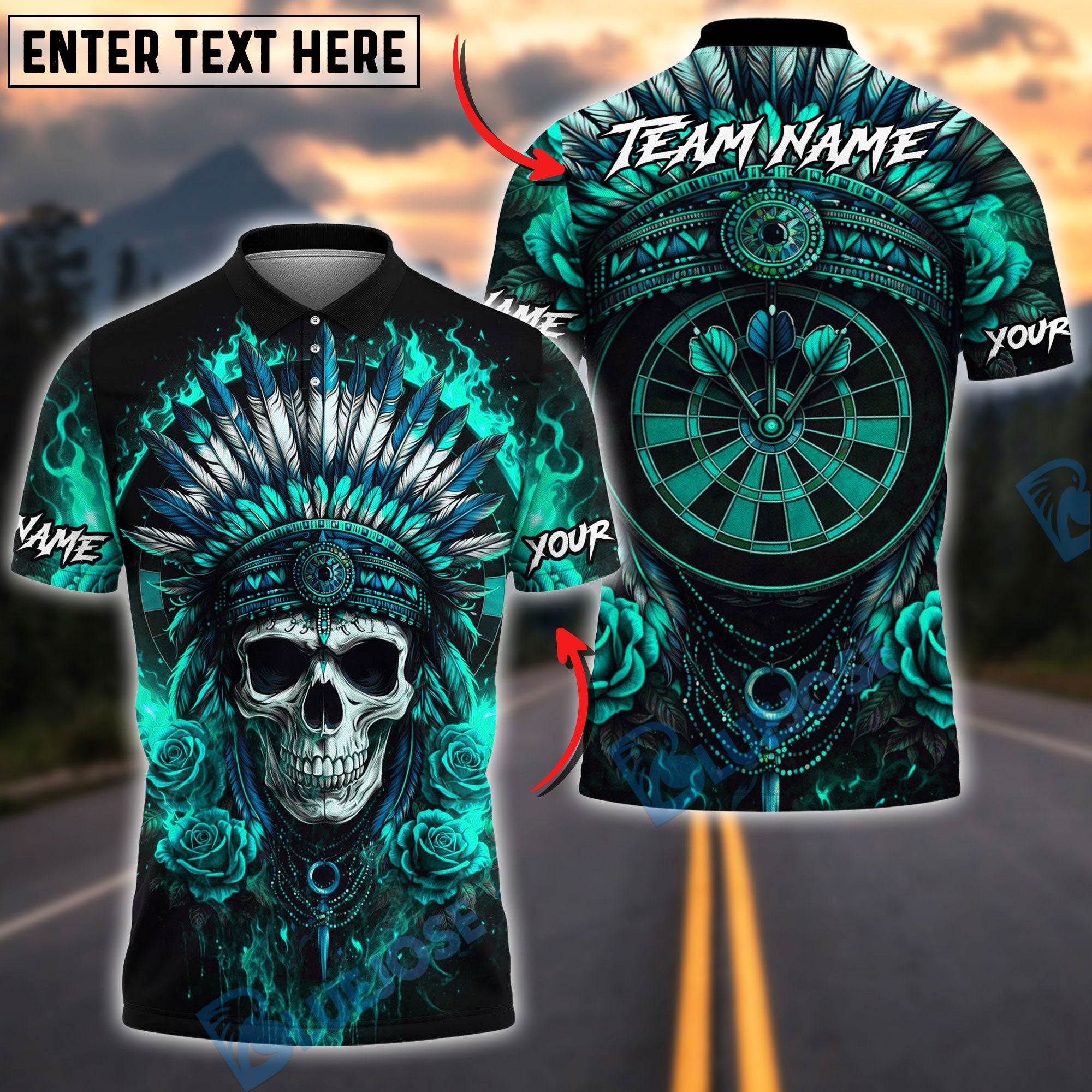 BlueJose Darts Chief Skull Feather Headdress Fire Dartboard Multicolor Options Personalized Name Shirt (4 Colors)