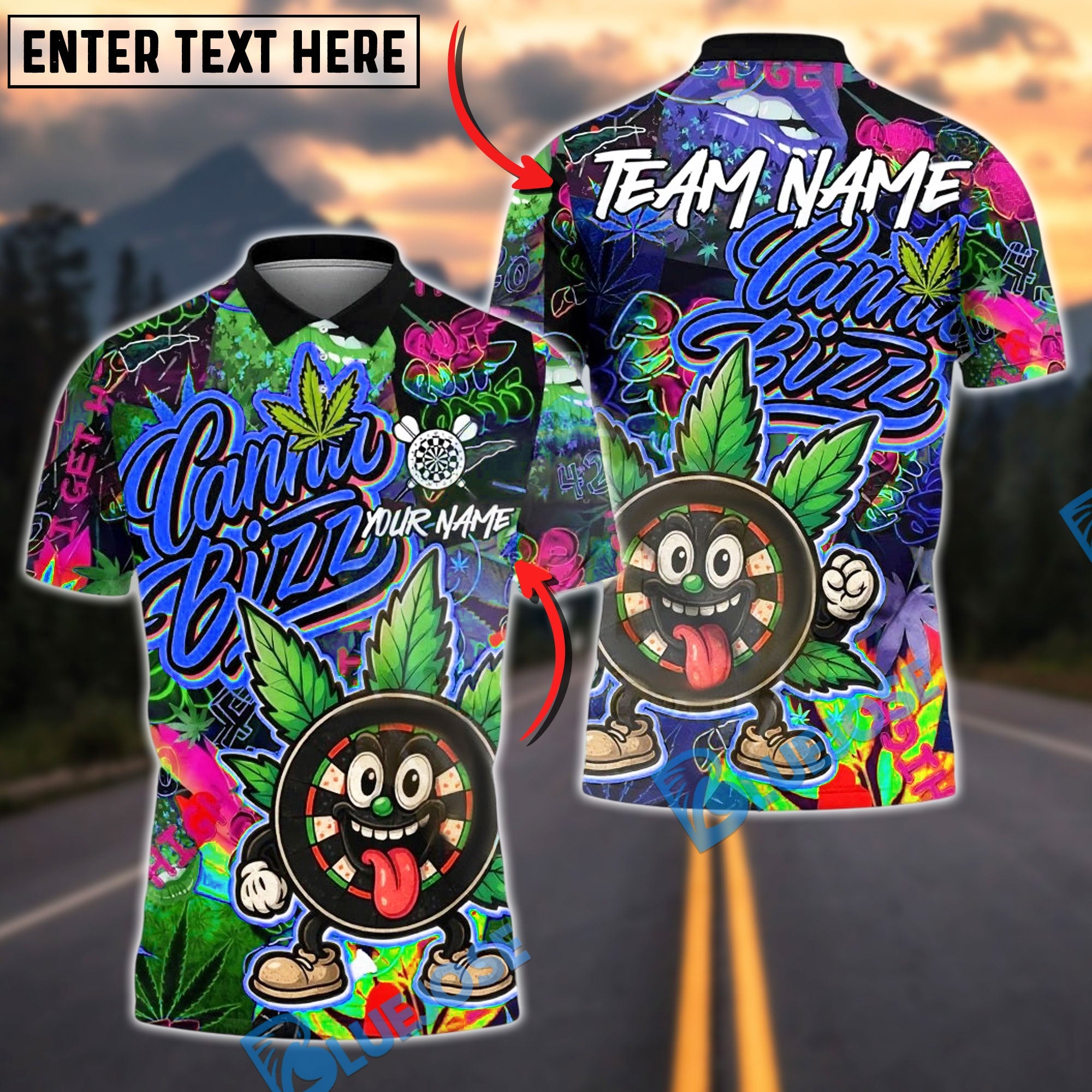BlueJose Darts Cannabis Vibe Personalized Name, Team Name Unisex Shirt (4 Colors)