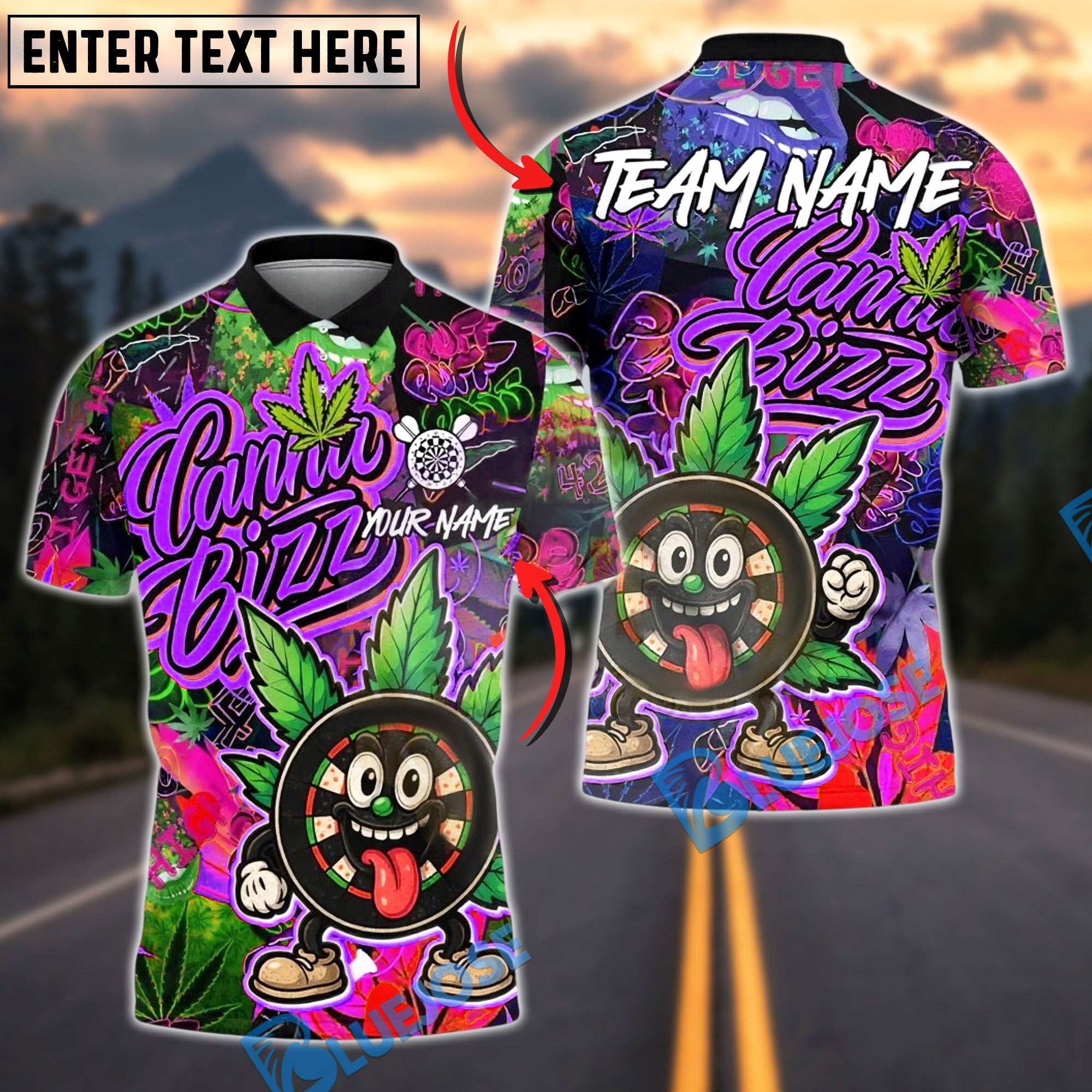 BlueJose Darts Cannabis Vibe Personalized Name, Team Name Unisex Shirt (4 Colors)