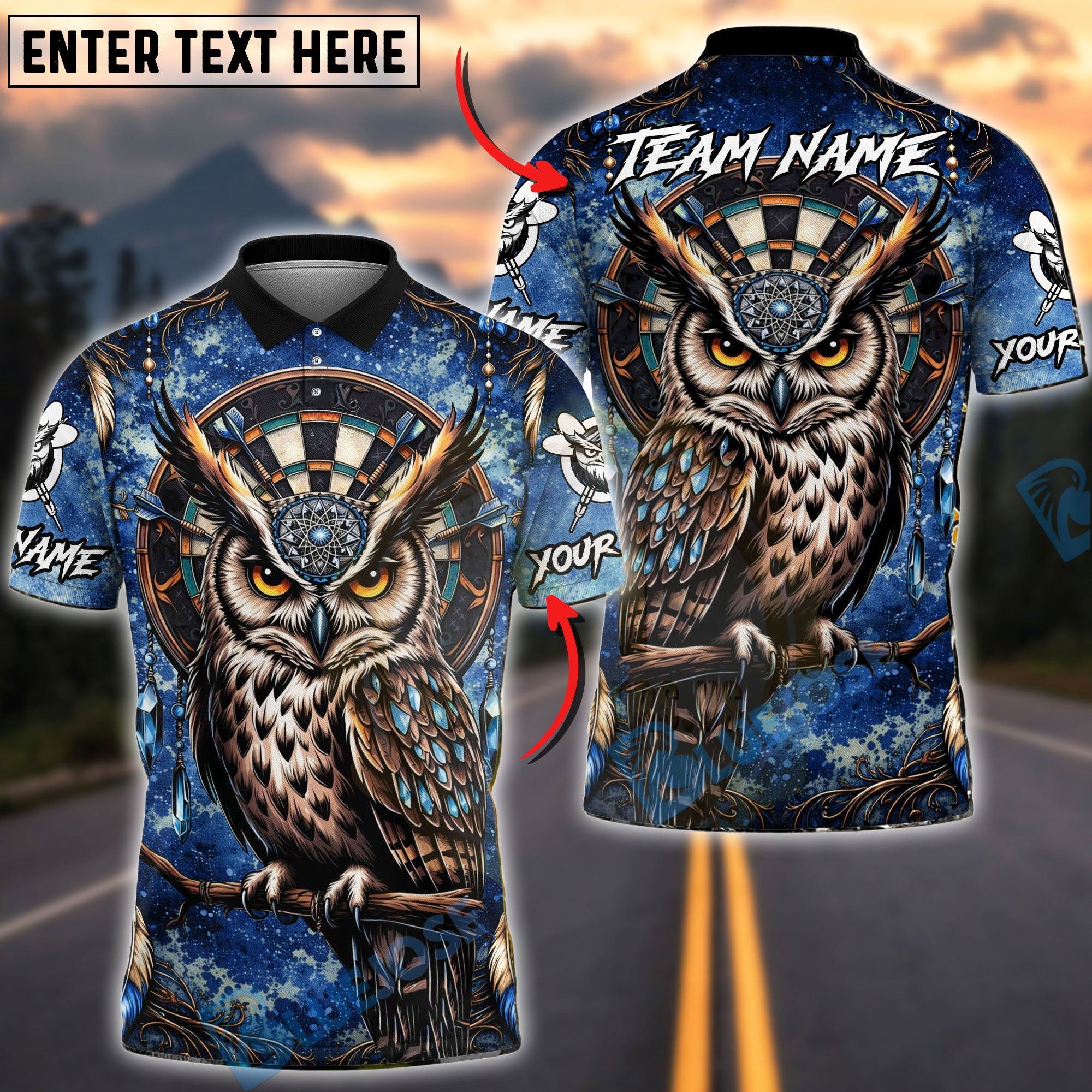 BlueJose Darts Owl Dreamcatcher Dartboard Multicolor Options Personalized Name Shirt (4 Colors)