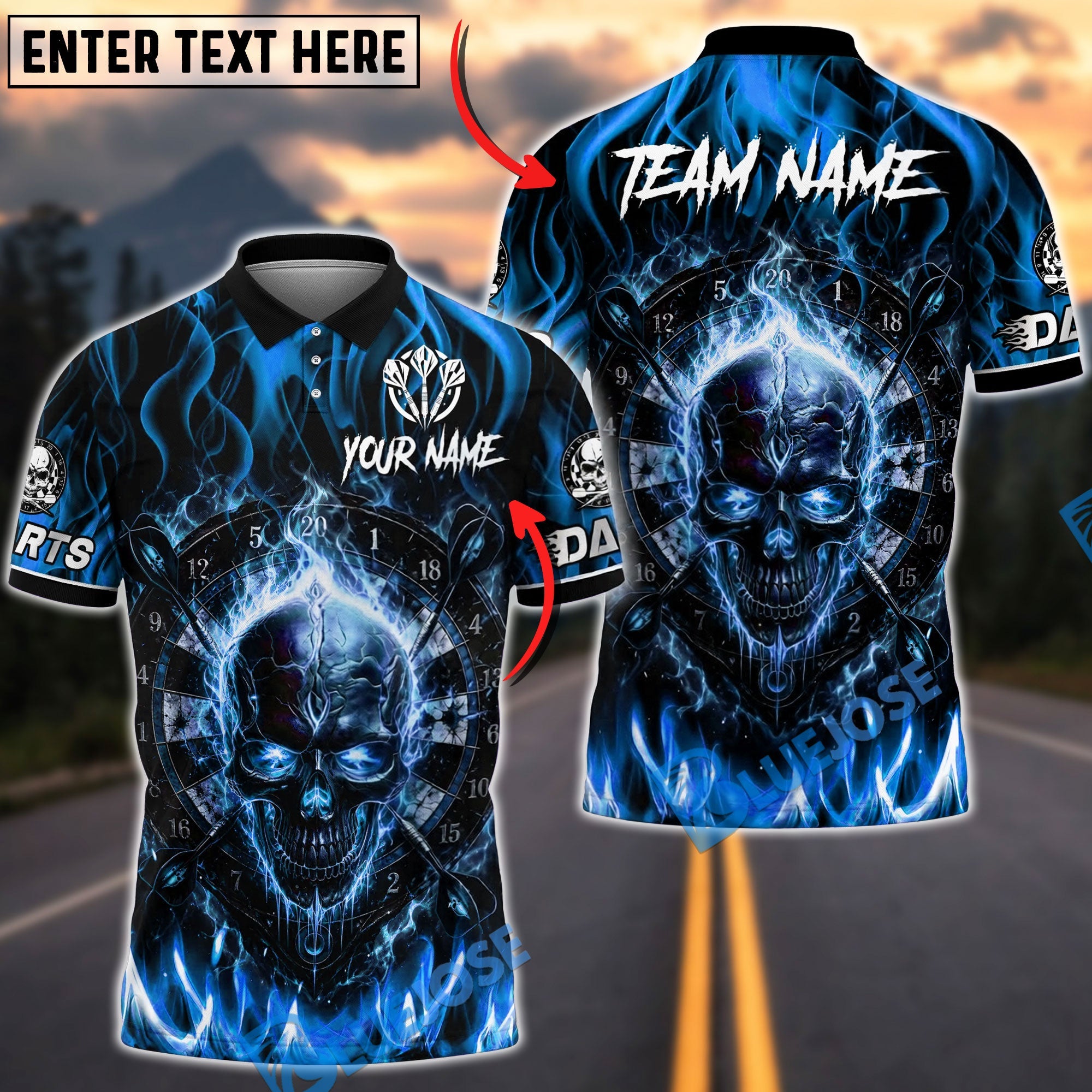 BlueJose Darts Flaming Skull Devil Fire Dartboard Personalized Name, Team Name Unisex Shirt (4 Colors)