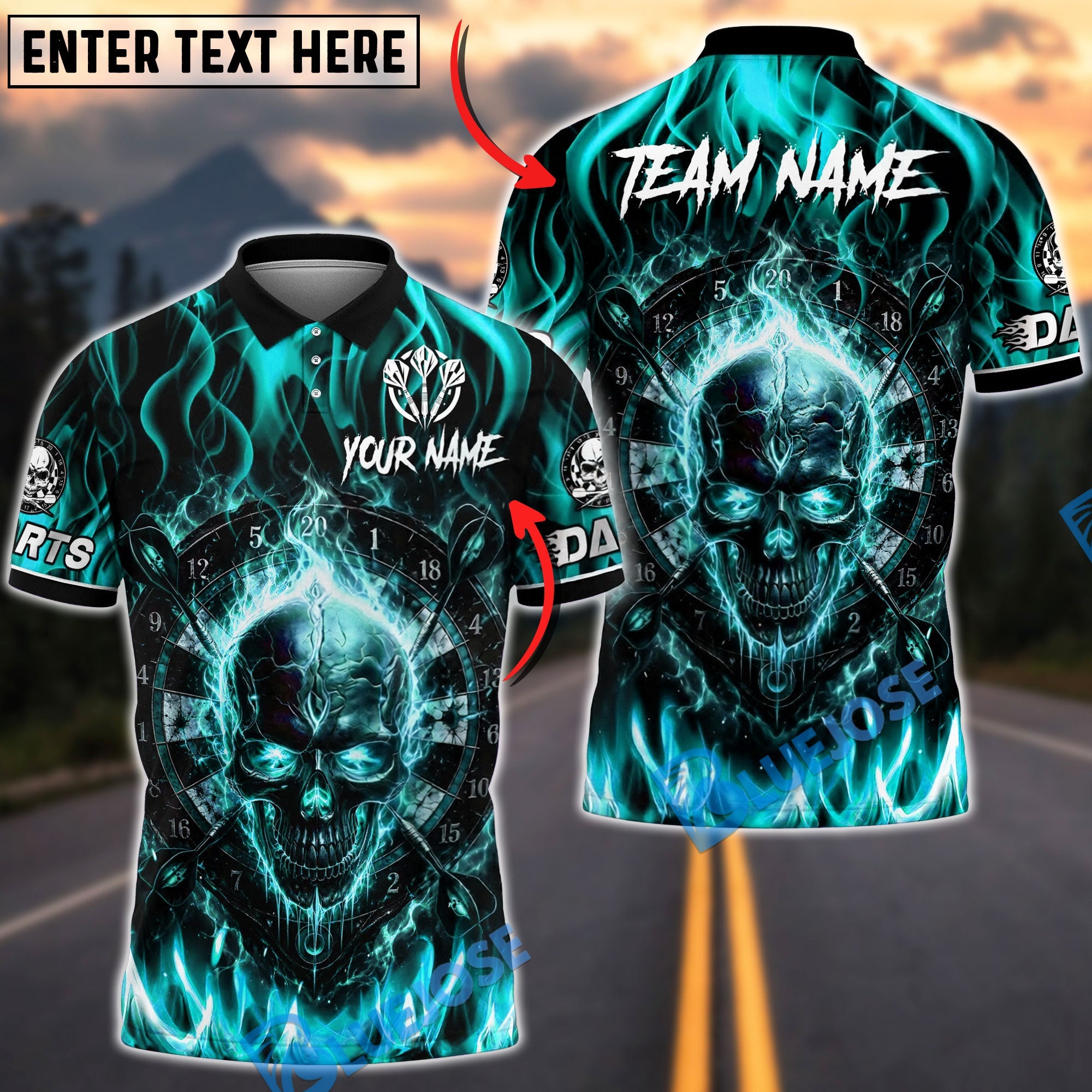 BlueJose Darts Flaming Skull Devil Fire Dartboard Personalized Name, Team Name Unisex Shirt (4 Colors)