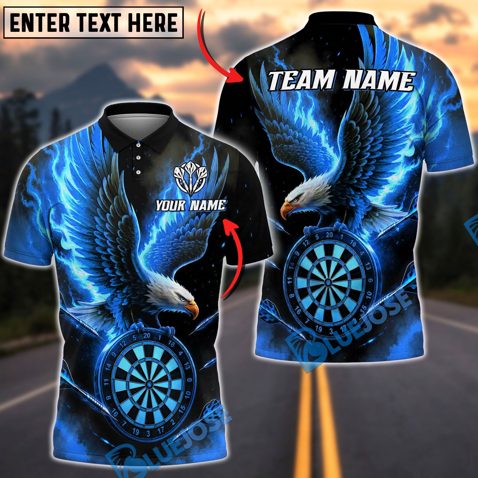 BlueJose Darts Flaming Bald Eagle And Dartboard Fire Personalized Name, Team Name Unisex Shirt (4 Colors)