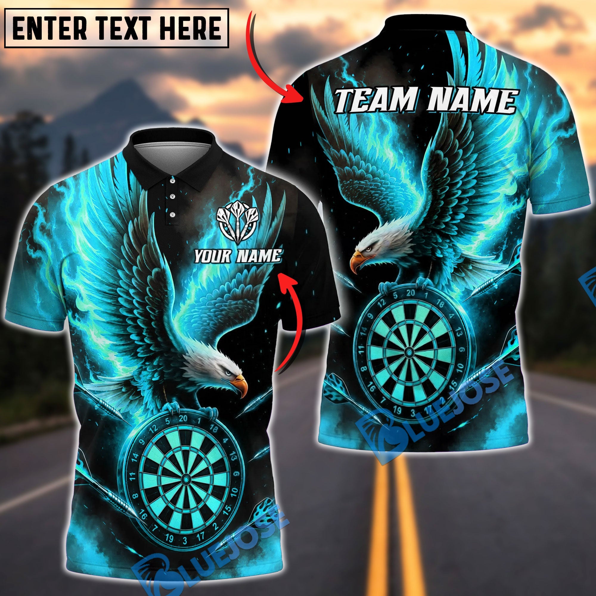 BlueJose Darts Flaming Bald Eagle And Dartboard Fire Personalized Name, Team Name Unisex Shirt (4 Colors)