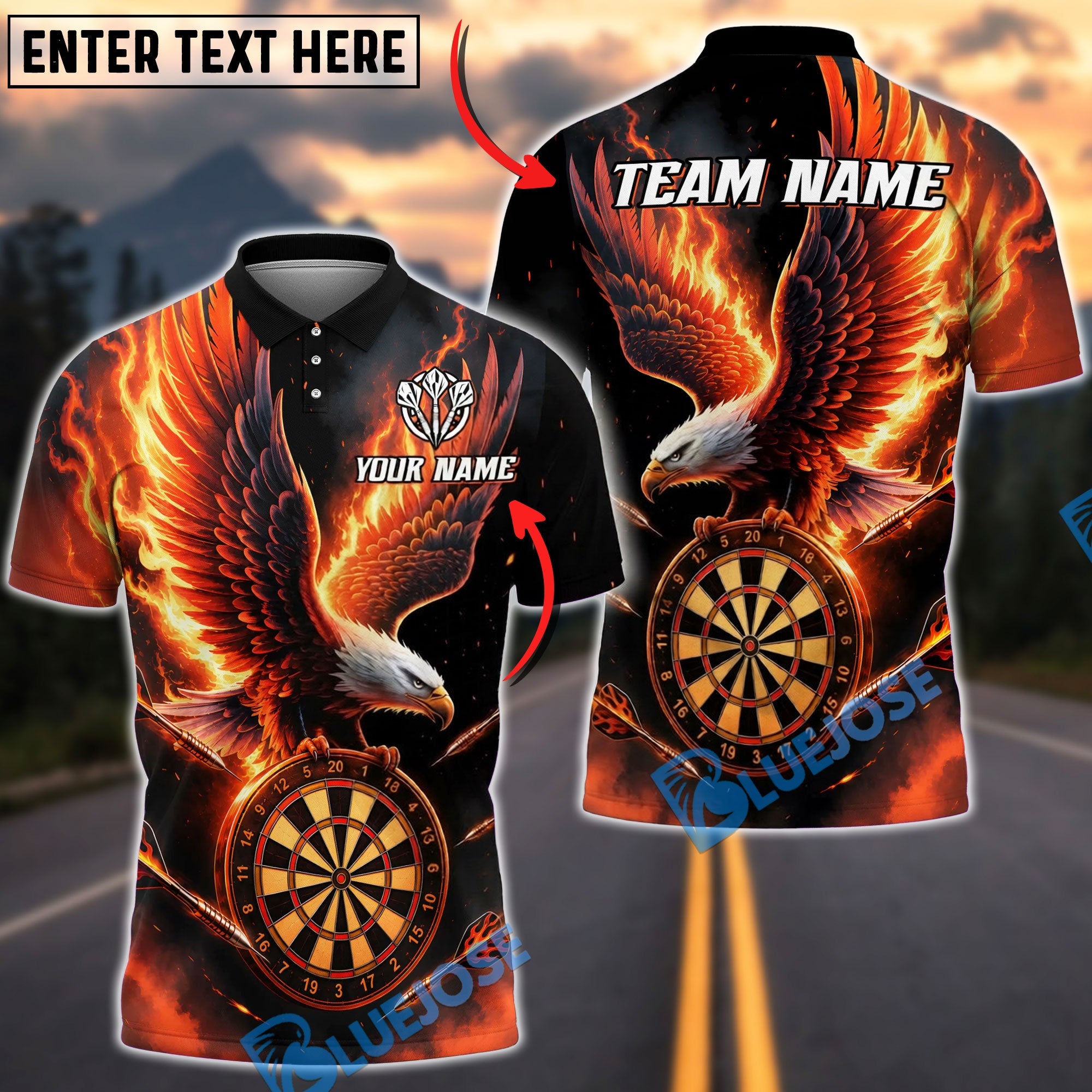 BlueJose Darts Flaming Bald Eagle And Dartboard Fire Personalized Name, Team Name Unisex Shirt (4 Colors)