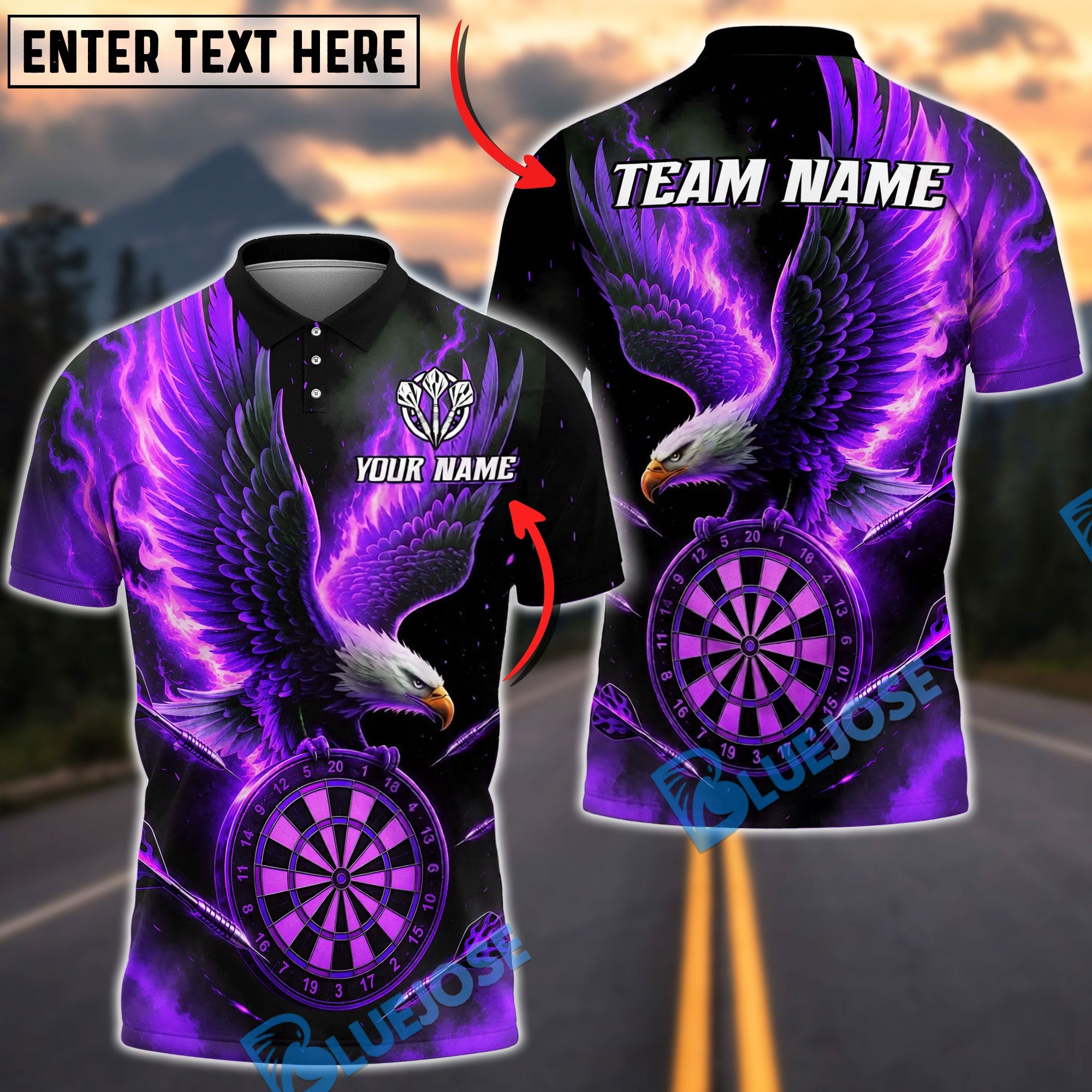 BlueJose Darts Flaming Bald Eagle And Dartboard Fire Personalized Name, Team Name Unisex Shirt (4 Colors)