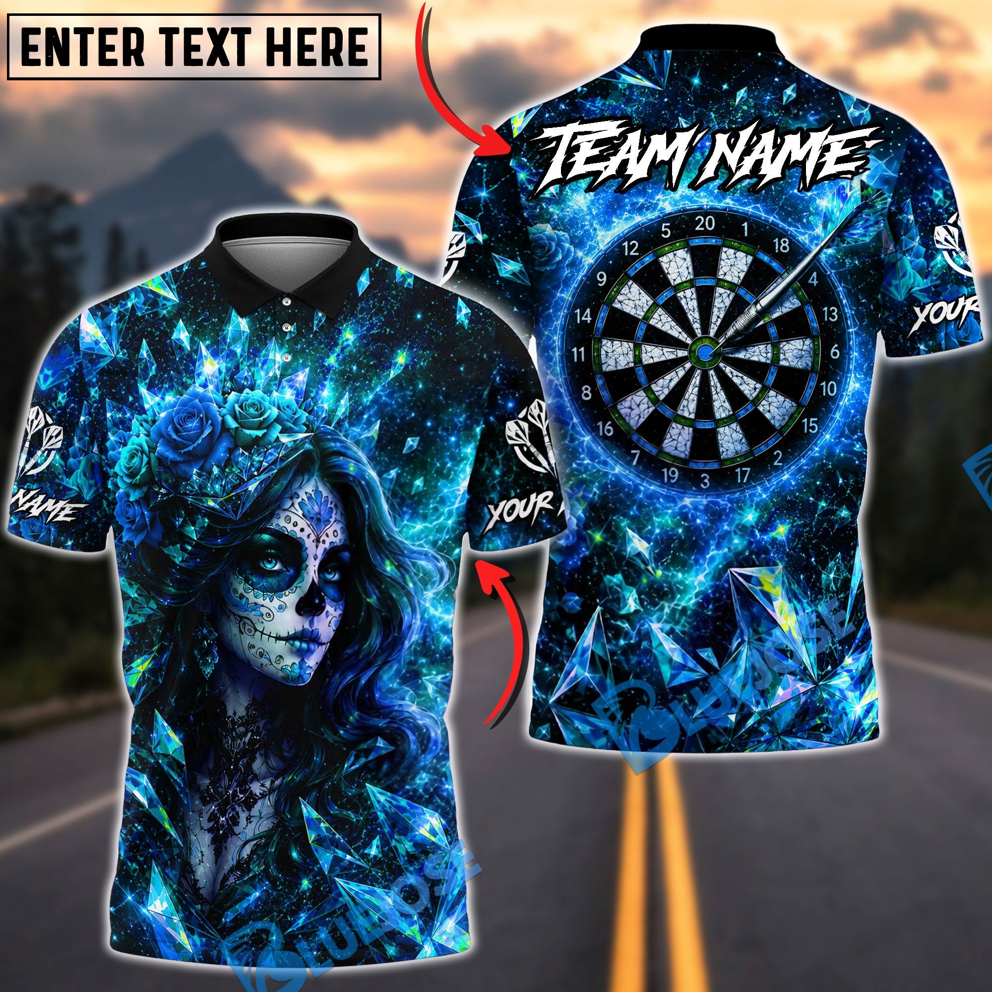 BlueJose Darts Crystal Crown Sugar Skull Girl Personalized Name, Team Name Unisex Shirt (4 Colors)