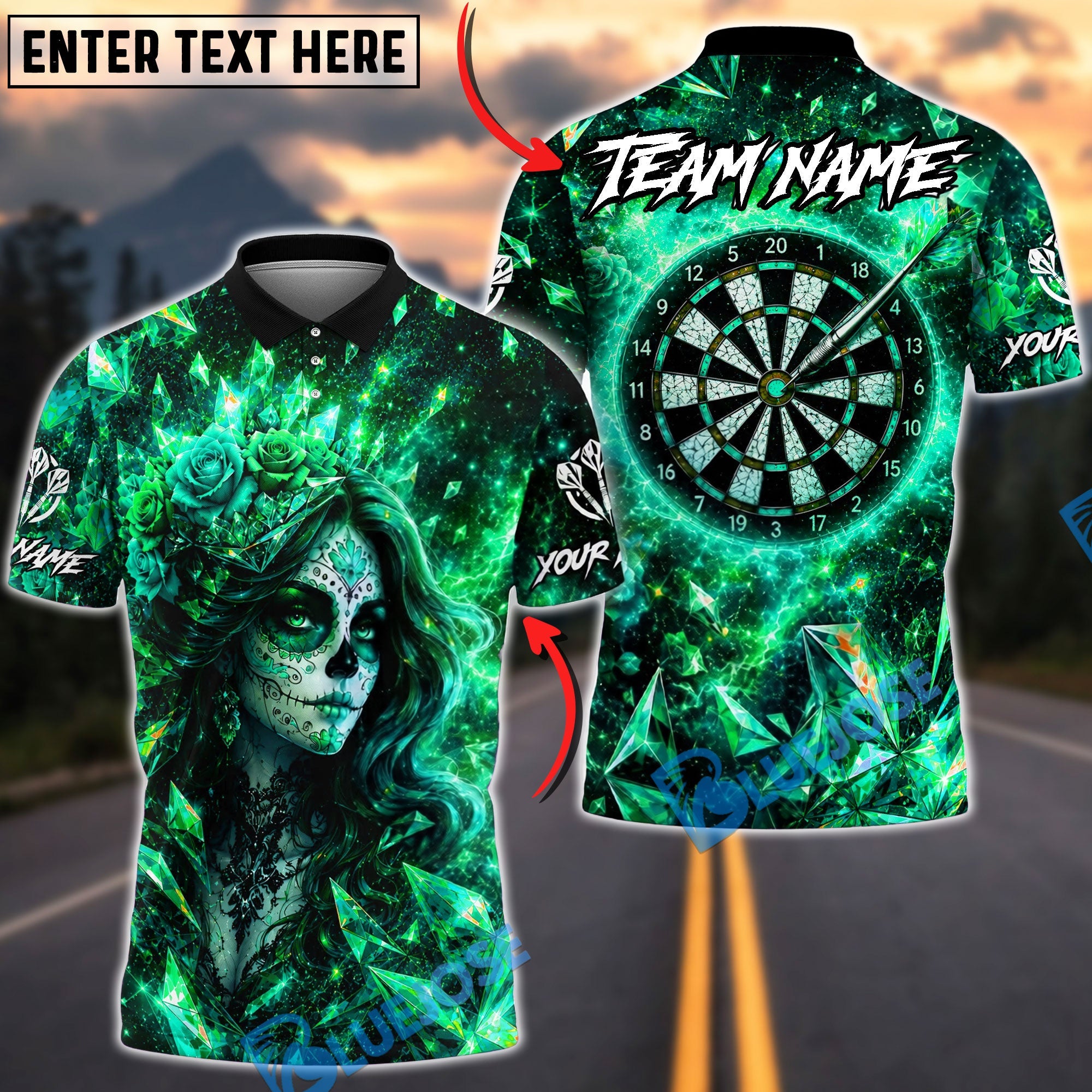 BlueJose Darts Crystal Crown Sugar Skull Girl Personalized Name, Team Name Unisex Shirt (4 Colors)