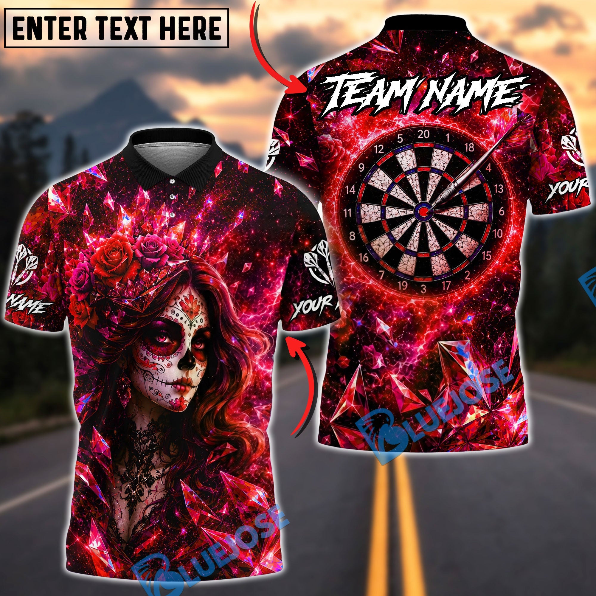 BlueJose Darts Crystal Crown Sugar Skull Girl Personalized Name, Team Name Unisex Shirt (4 Colors)