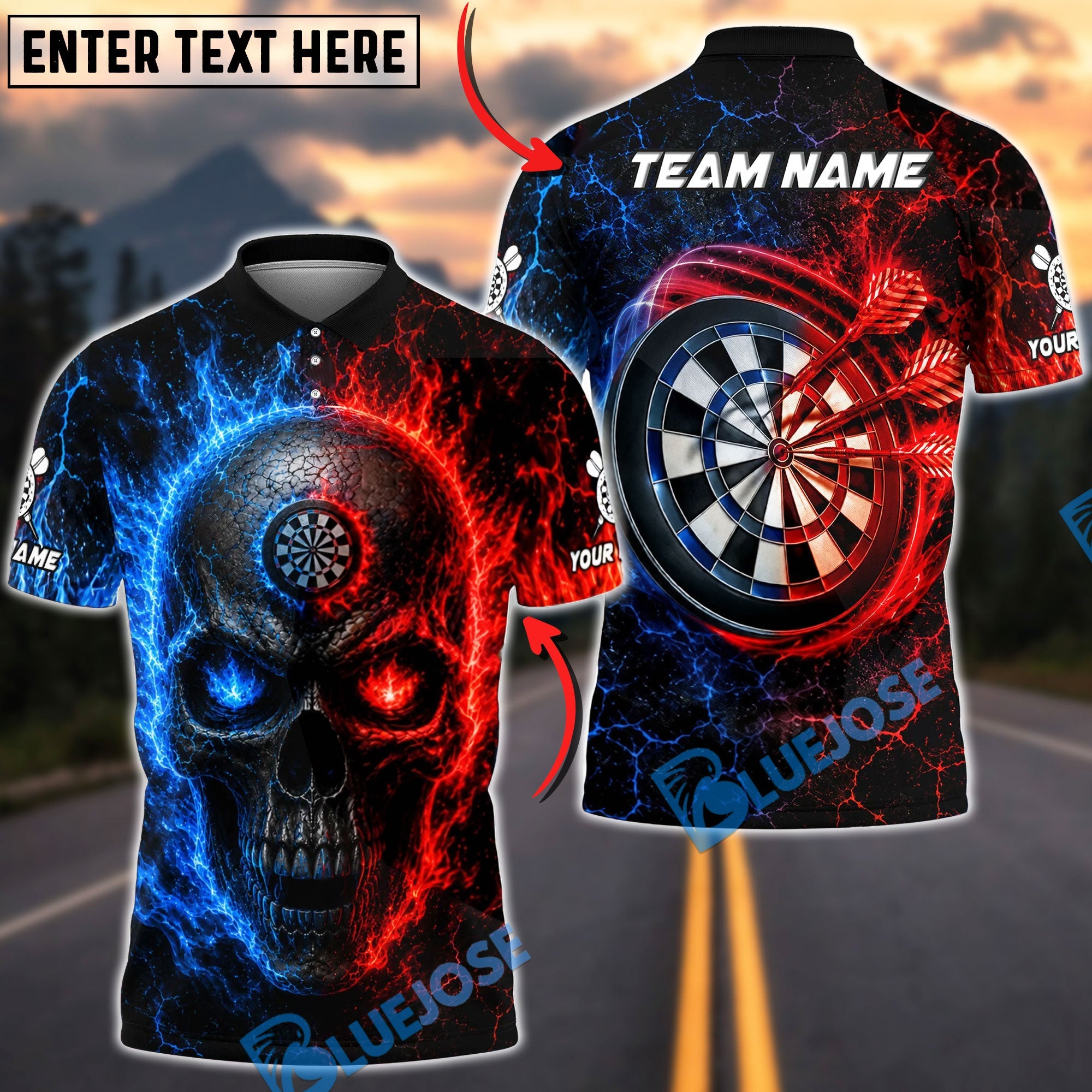 BlueJose Darts Split Element Skull Personalized Name, Team Name Unisex Shirt (4 Colors)