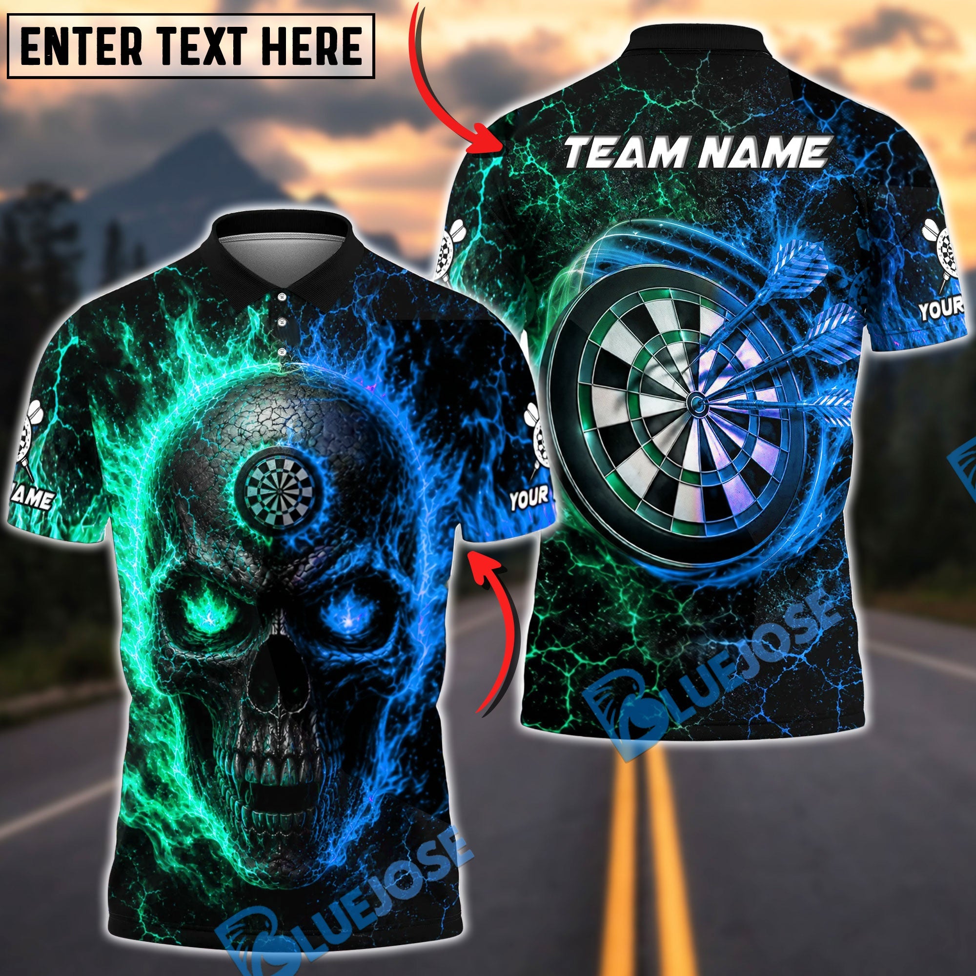 BlueJose Darts Split Element Skull Personalized Name, Team Name Unisex Shirt (4 Colors)