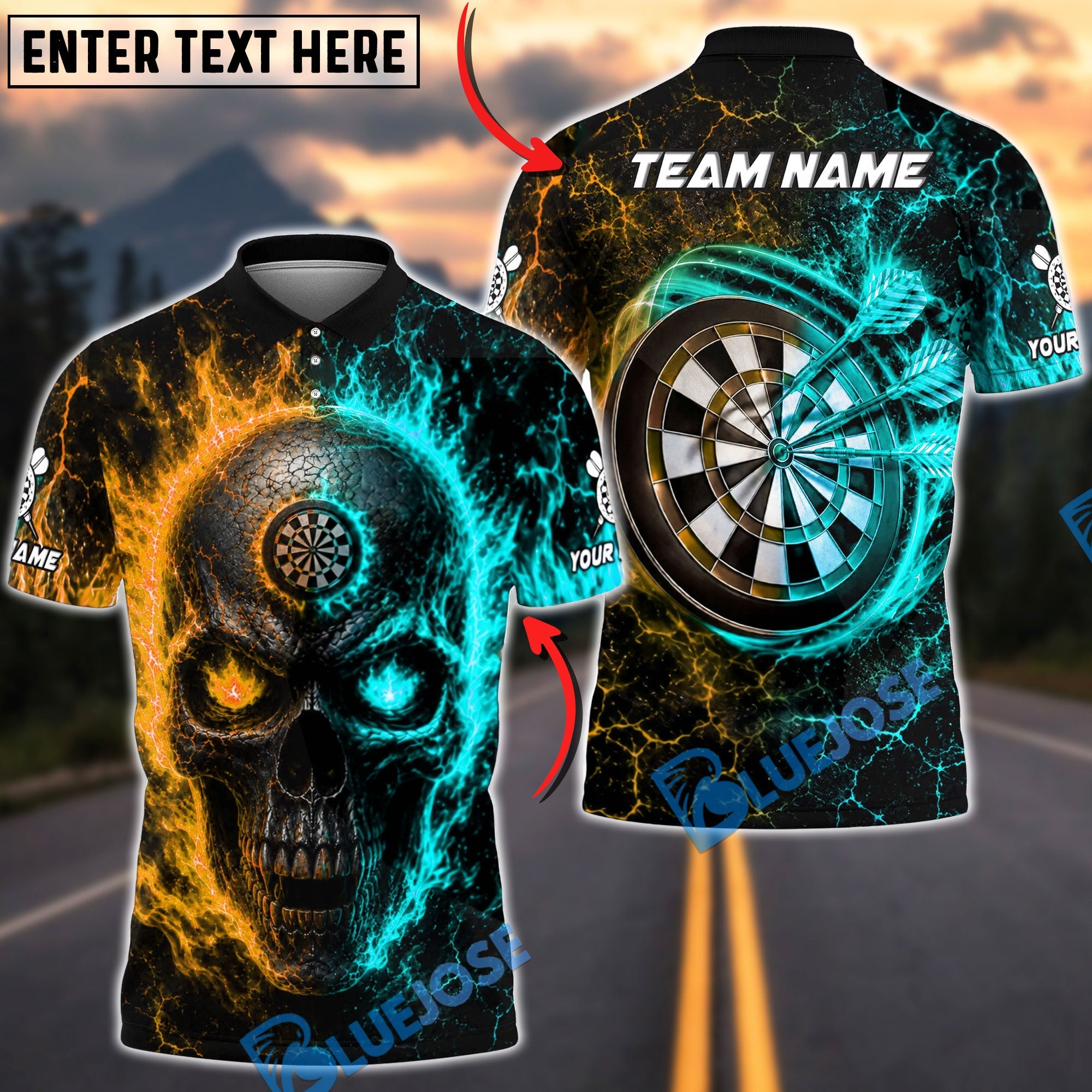 BlueJose Darts Split Element Skull Personalized Name, Team Name Unisex Shirt (4 Colors)