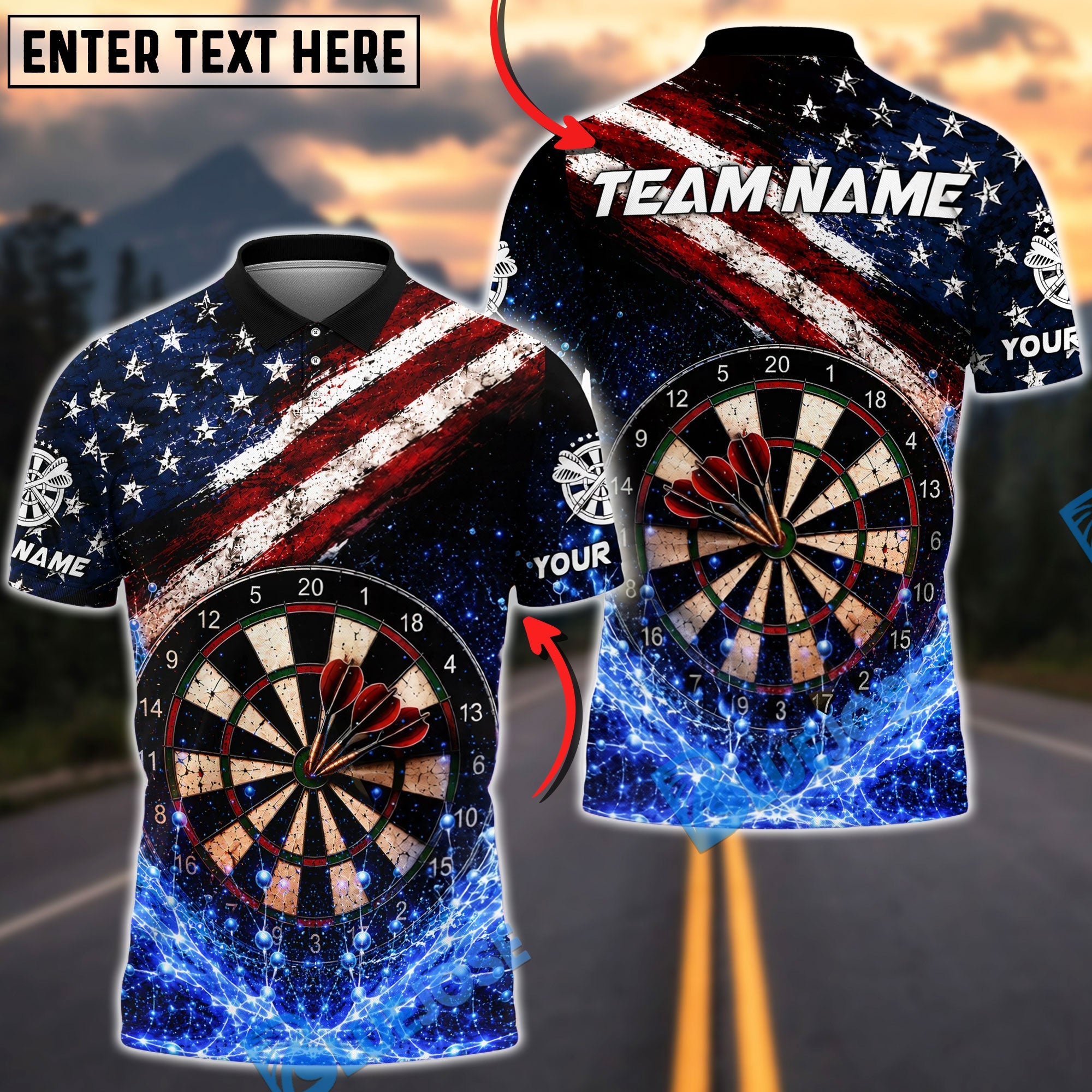 BlueJose Darts USA Flag Patriotic Bullseye Impact Personalized Name, Team Name Unisex Shirt (4 Colors)