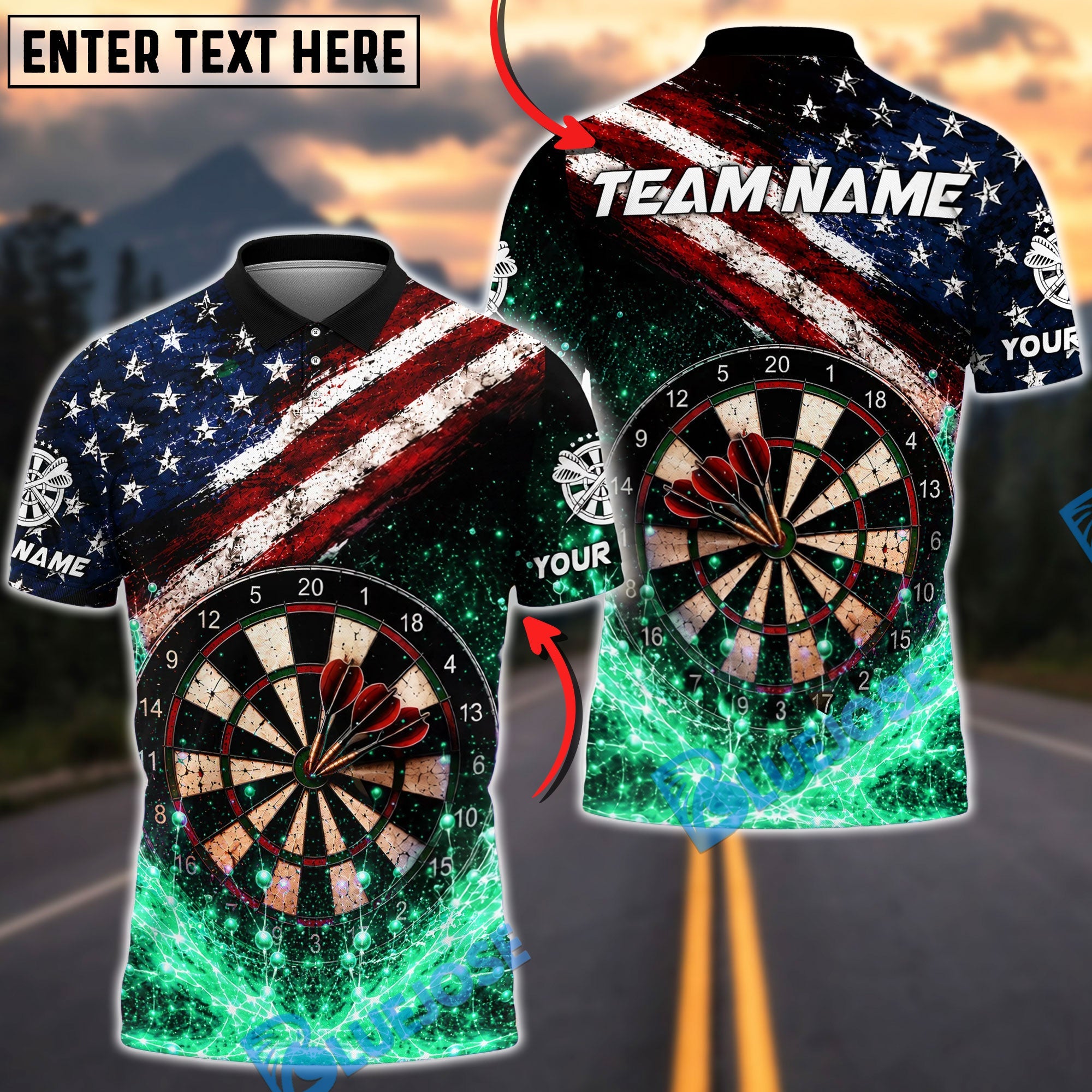 BlueJose Darts USA Flag Patriotic Bullseye Impact Personalized Name, Team Name Unisex Shirt (4 Colors)