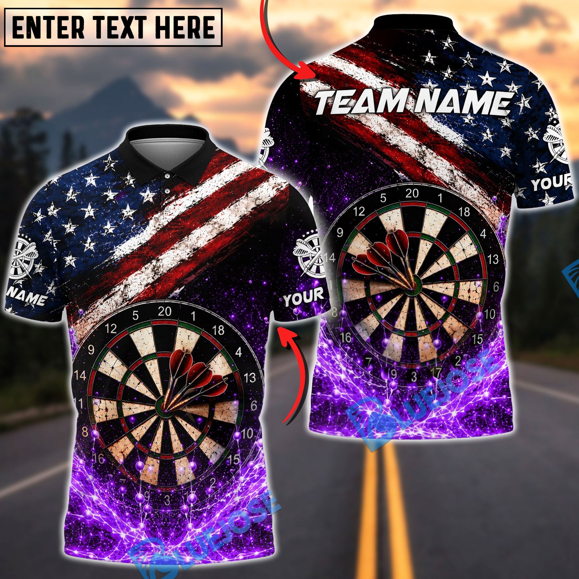 BlueJose Darts USA Flag Patriotic Bullseye Impact Personalized Name, Team Name Unisex Shirt (4 Colors)