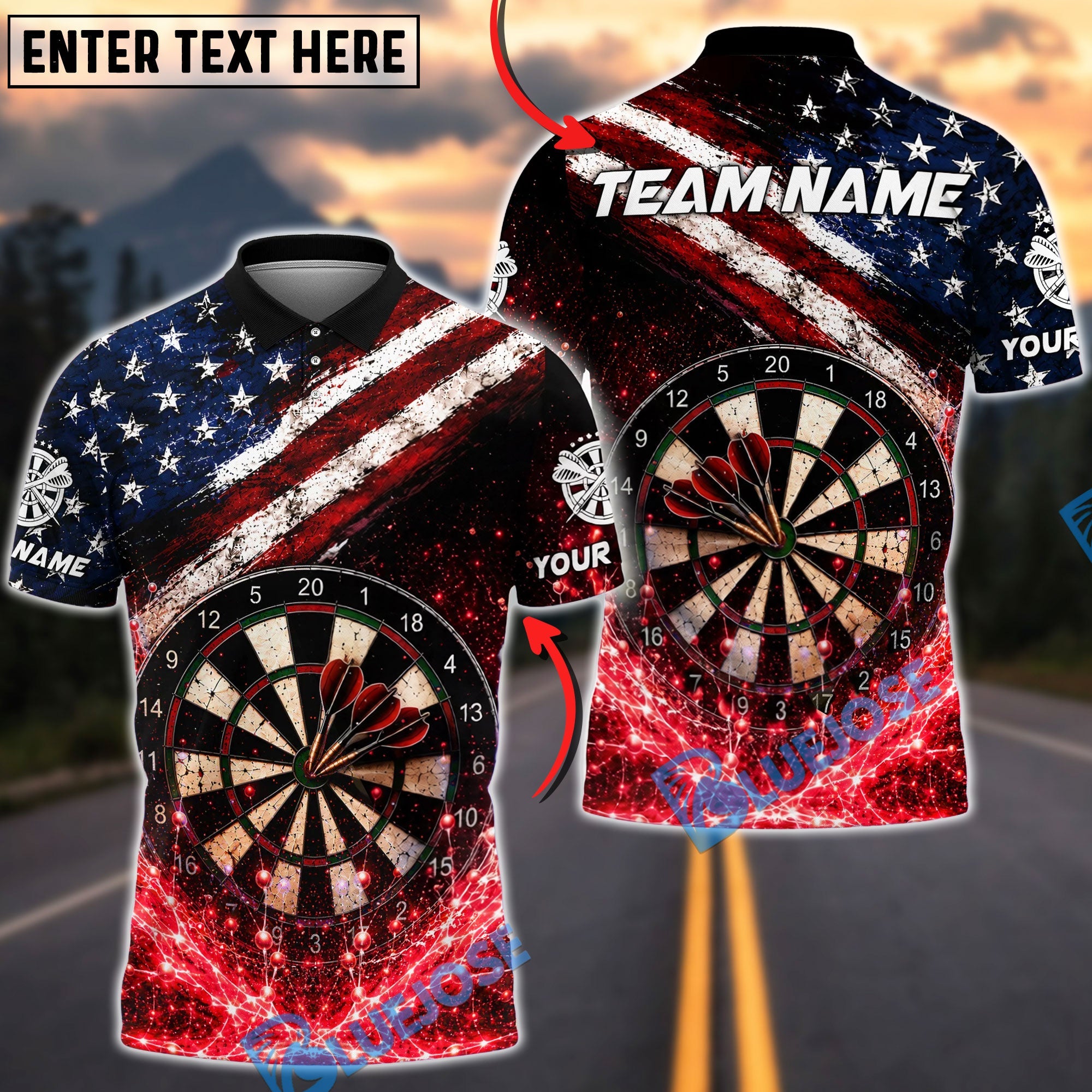 BlueJose Darts USA Flag Patriotic Bullseye Impact Personalized Name, Team Name Unisex Shirt (4 Colors)