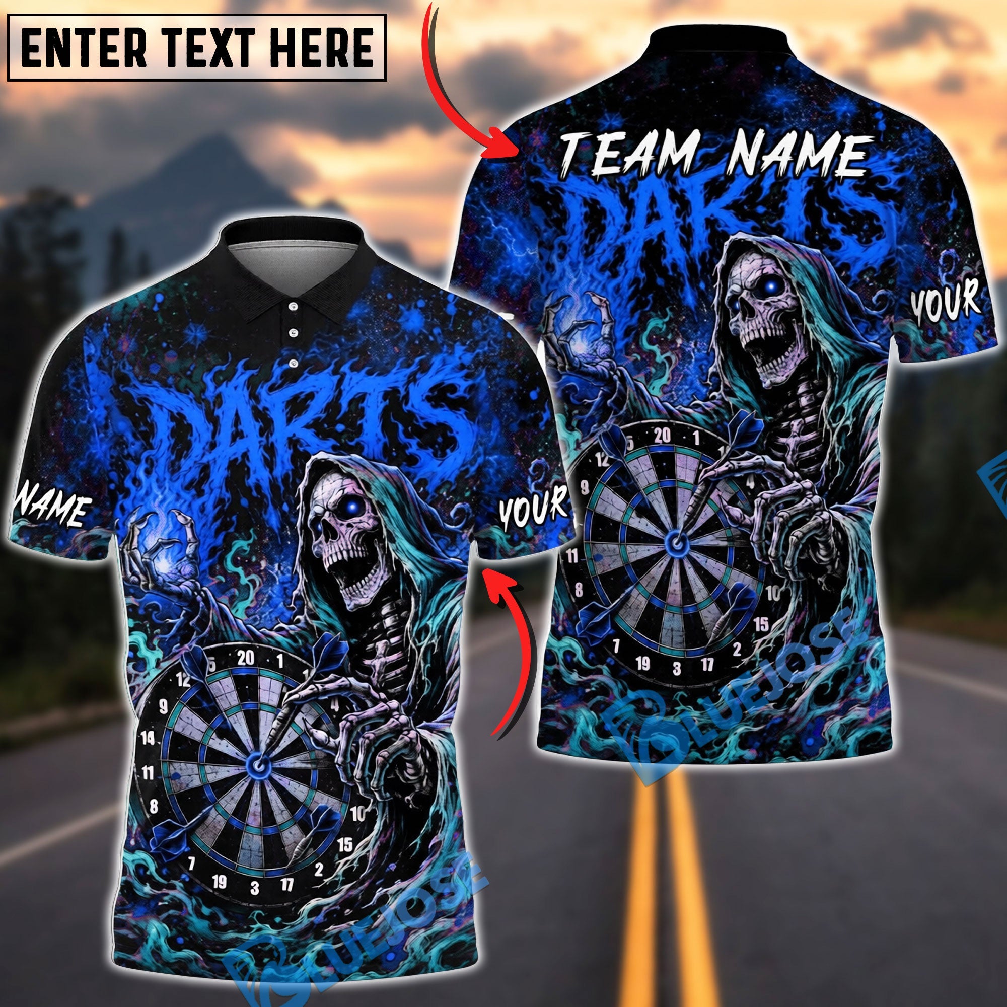 BlueJose Darts Crazy Grim Reaper Dartboard Personalized Name, Team Name Unisex Shirt (4 Colors)