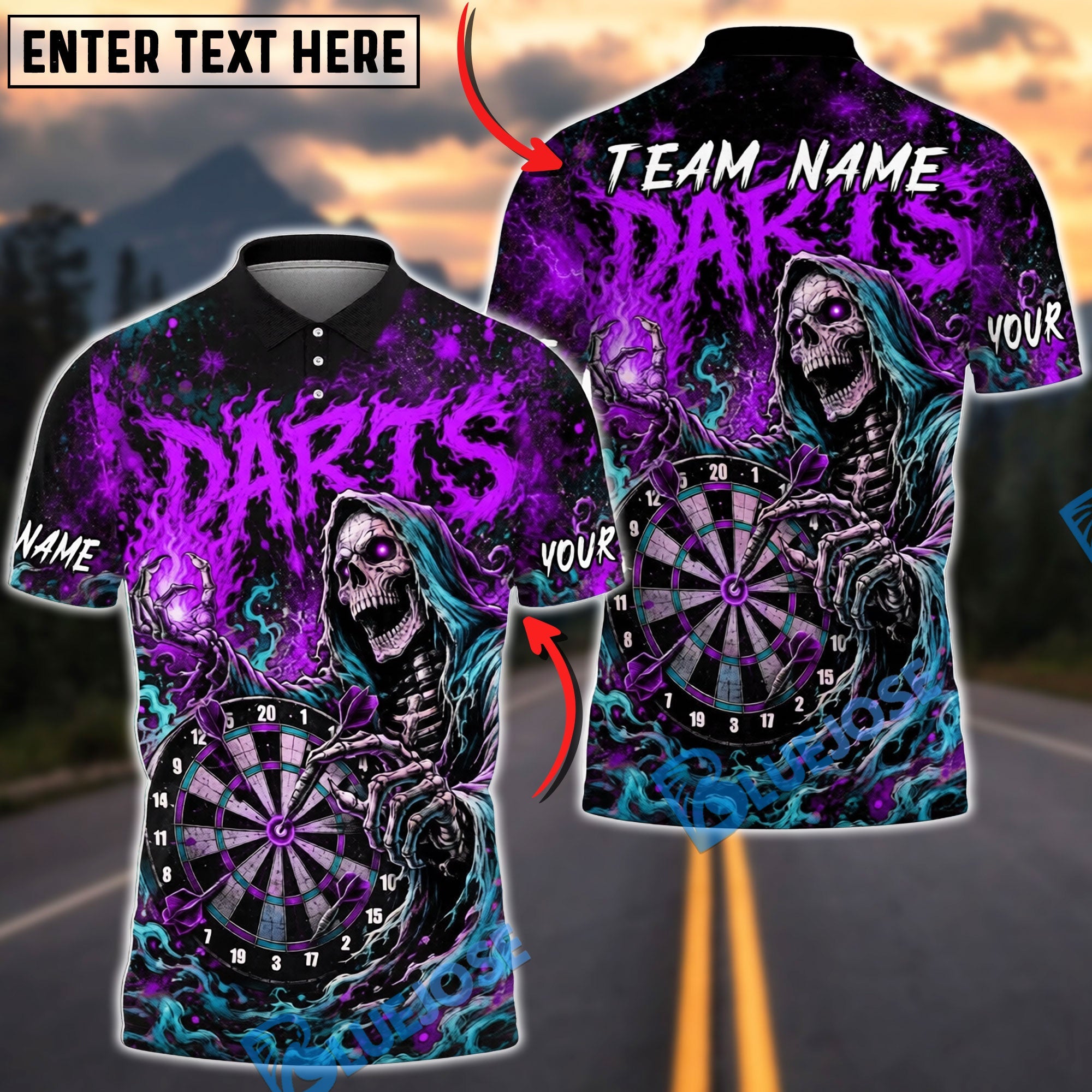 BlueJose Darts Crazy Grim Reaper Dartboard Personalized Name, Team Name Unisex Shirt (4 Colors)