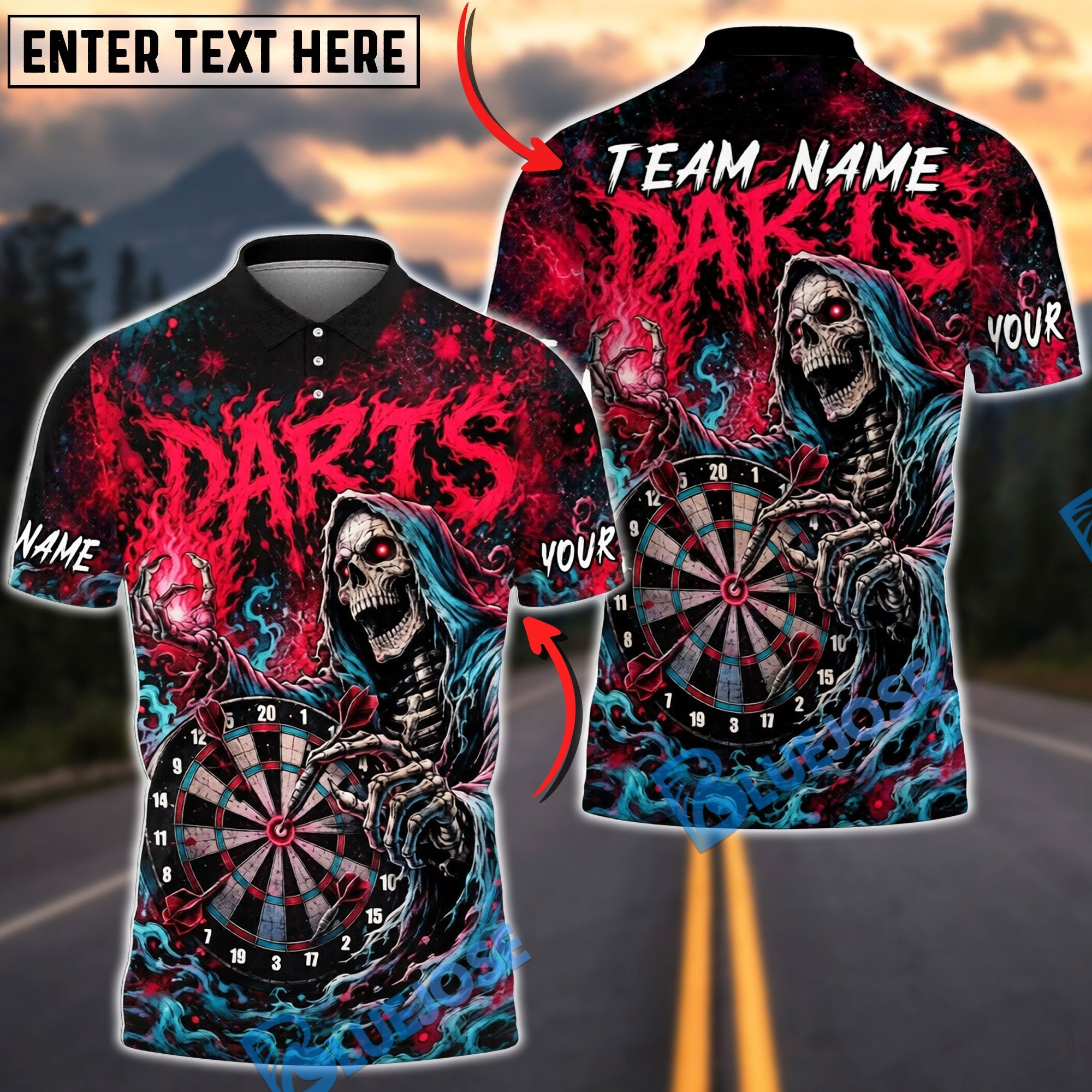 BlueJose Darts Crazy Grim Reaper Dartboard Personalized Name, Team Name Unisex Shirt (4 Colors)