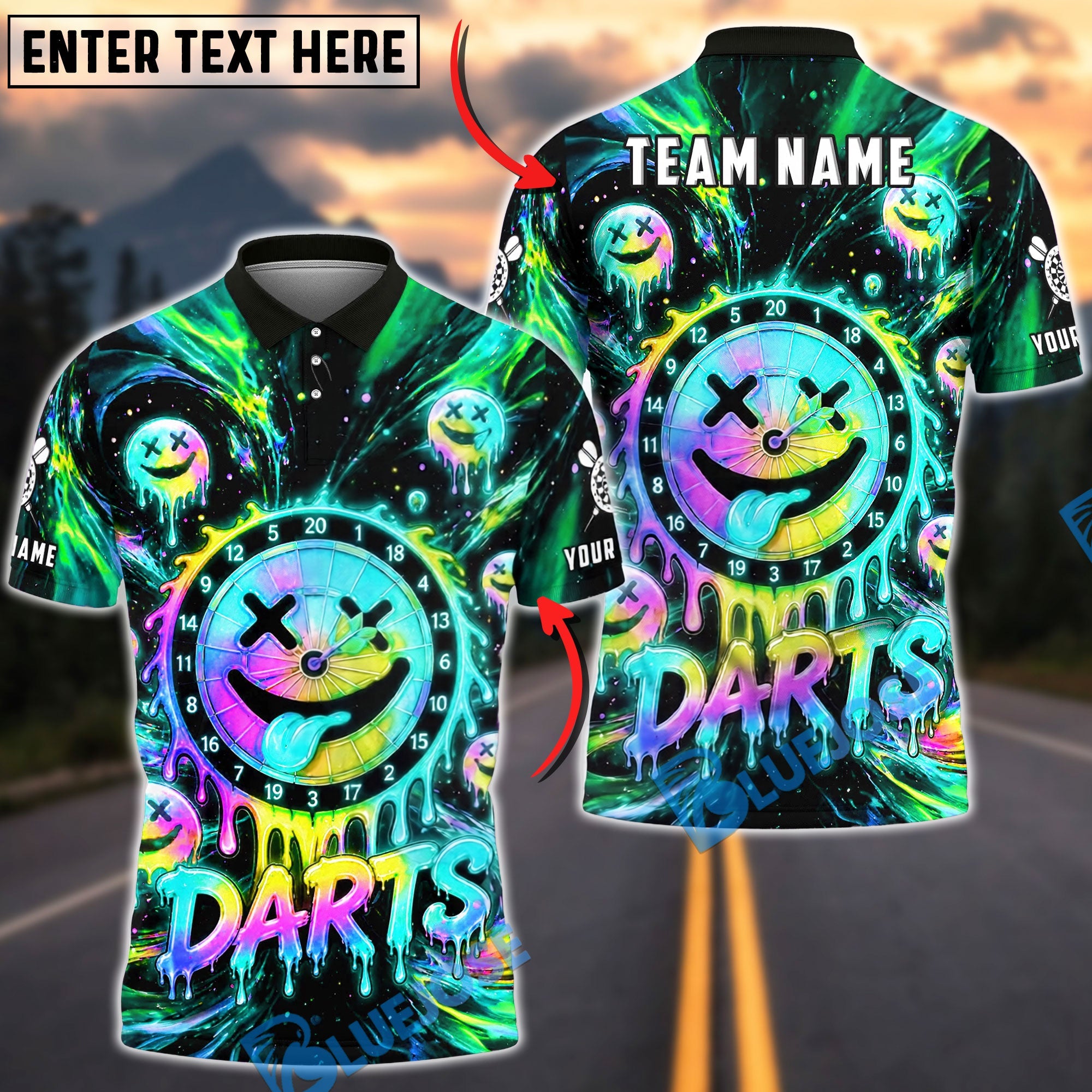 BlueJose Darts Neon Smiley Dartboard Personalized Name, Team Name Unisex Shirt (4 Colors)
