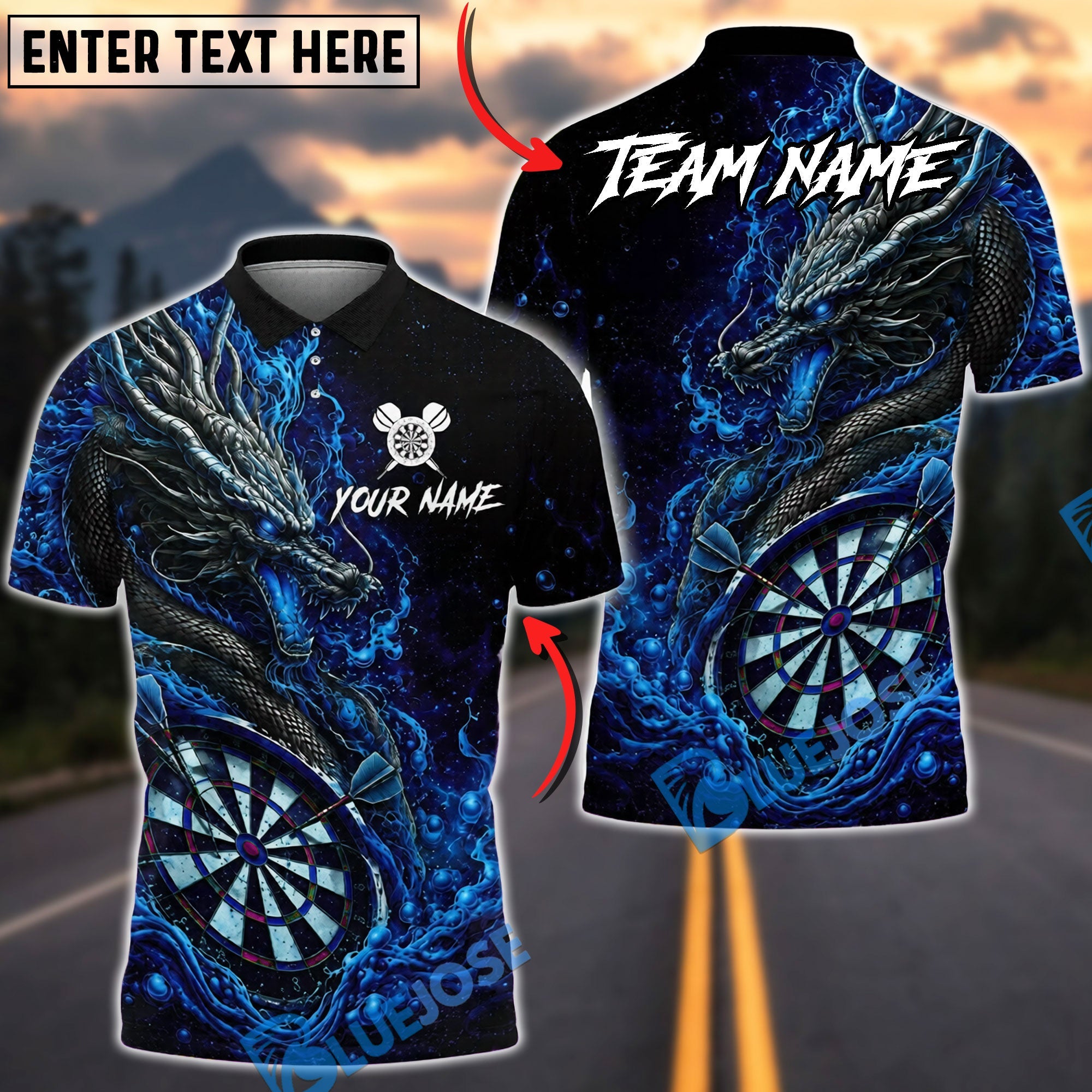 BlueJose Darts Mythical Dragon Dart Champion Personalized Name, Team Name Unisex Shirt (4 Colors)