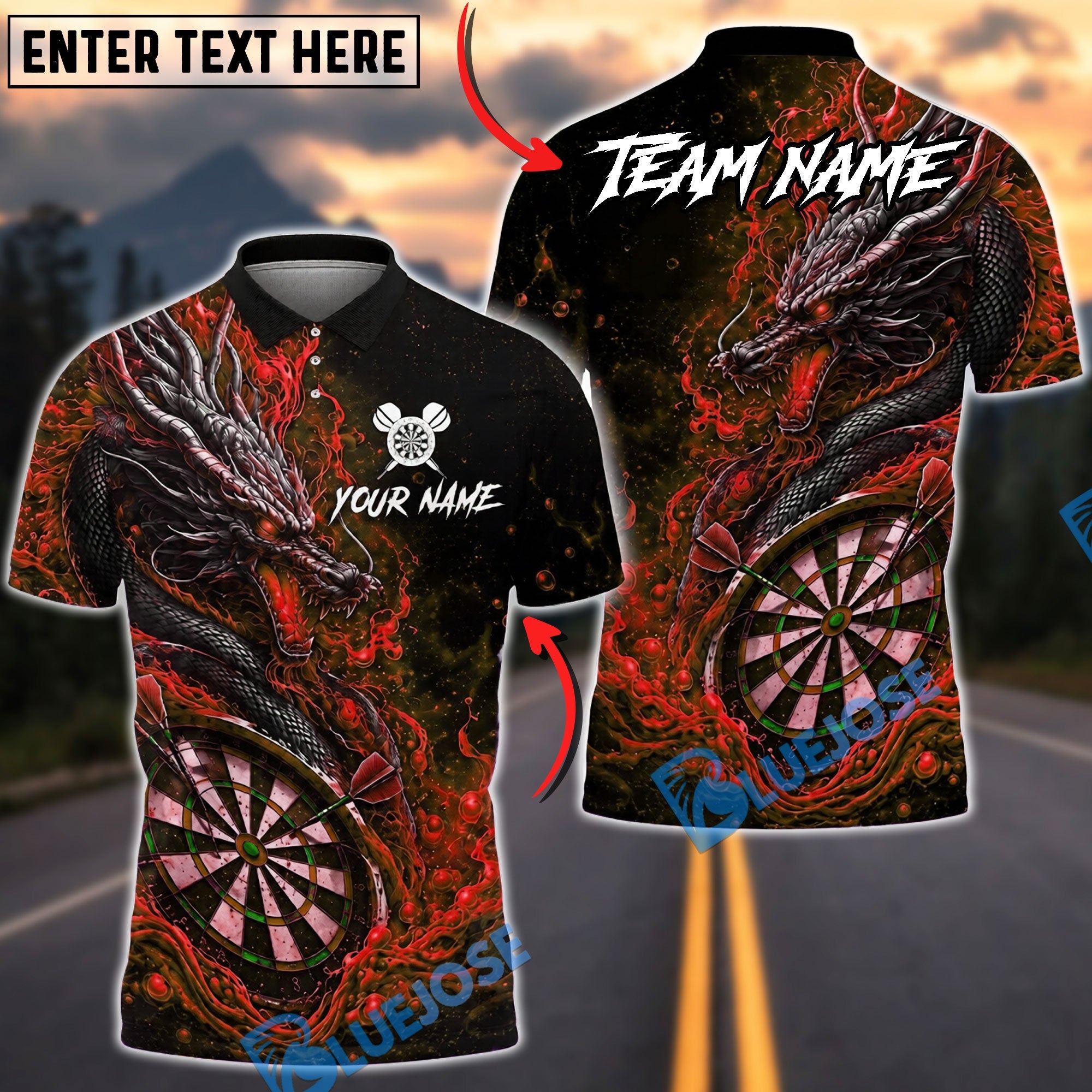 BlueJose Darts Mythical Dragon Dart Champion Personalized Name, Team Name Unisex Shirt (4 Colors)